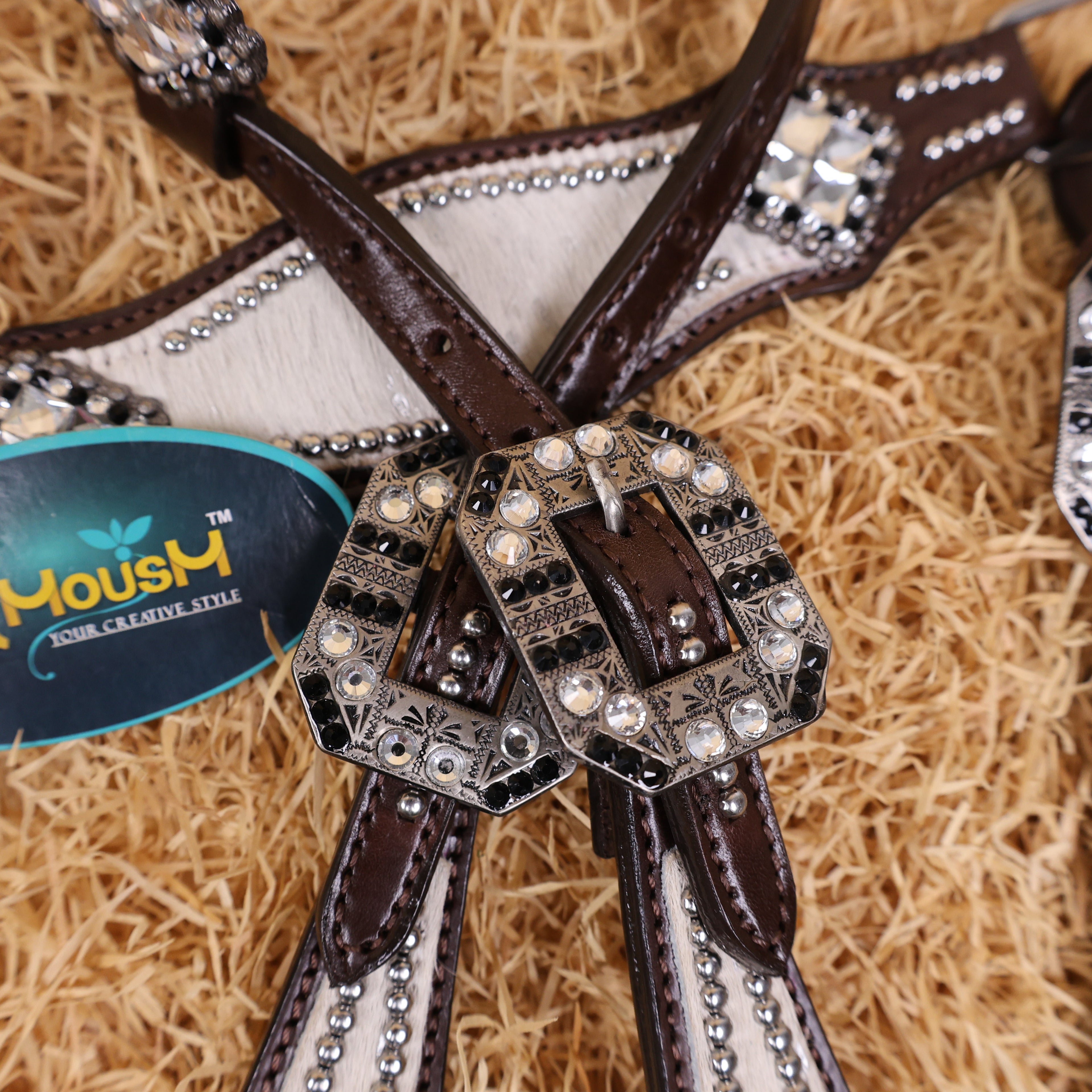 MOUSM Western Headstall & Breast Collar Set – Made with Genuine Argentina Cow Leather Decorated Middle Leather Patch with White Silver Metallic Acid Wash Cowhide