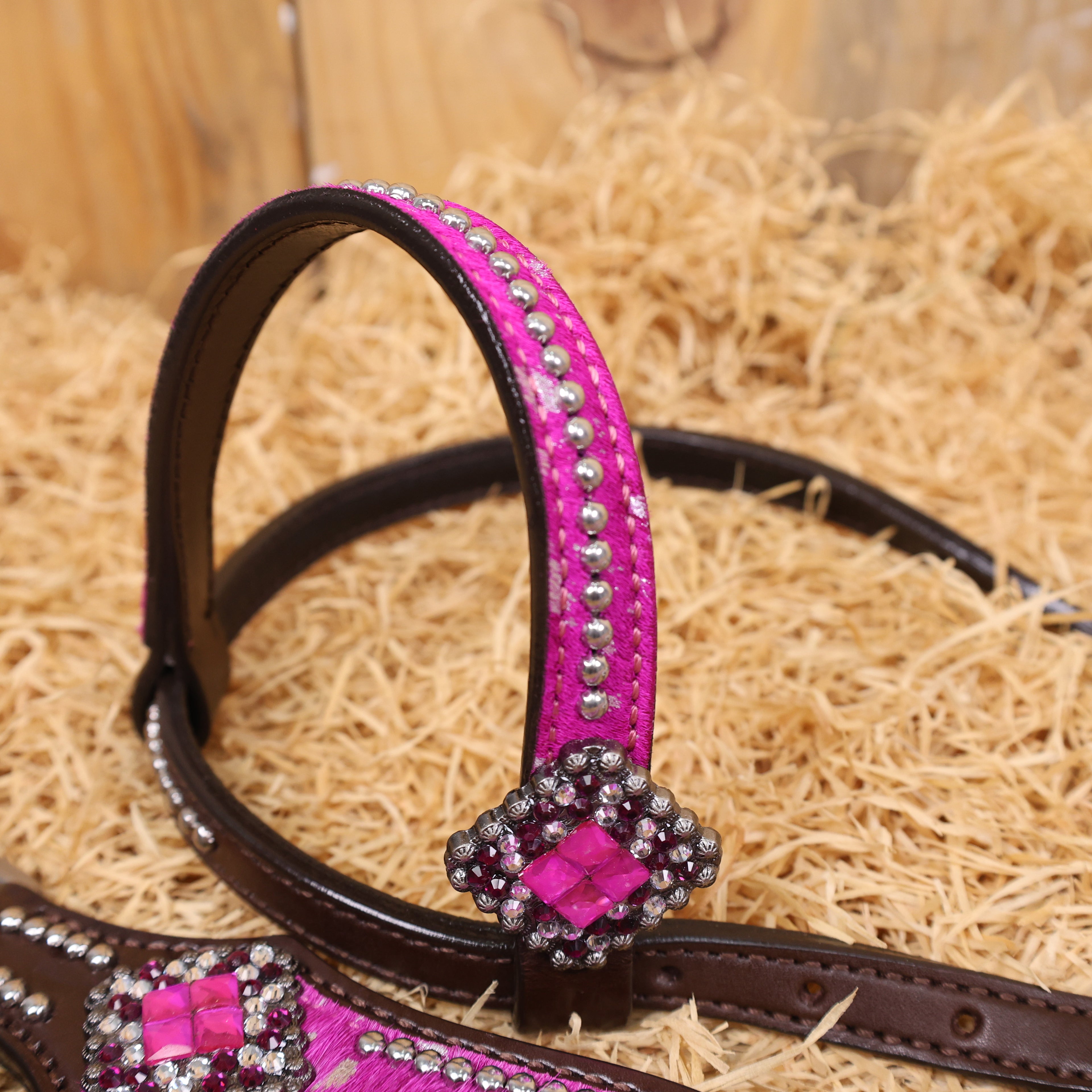 MOUSM Western Headstall & Breast Collar Set – Made with Genuine Argentina Cow Leather Decorated Middle Leather Patch with Pink Silver Metallic Acid Wash Cowhide