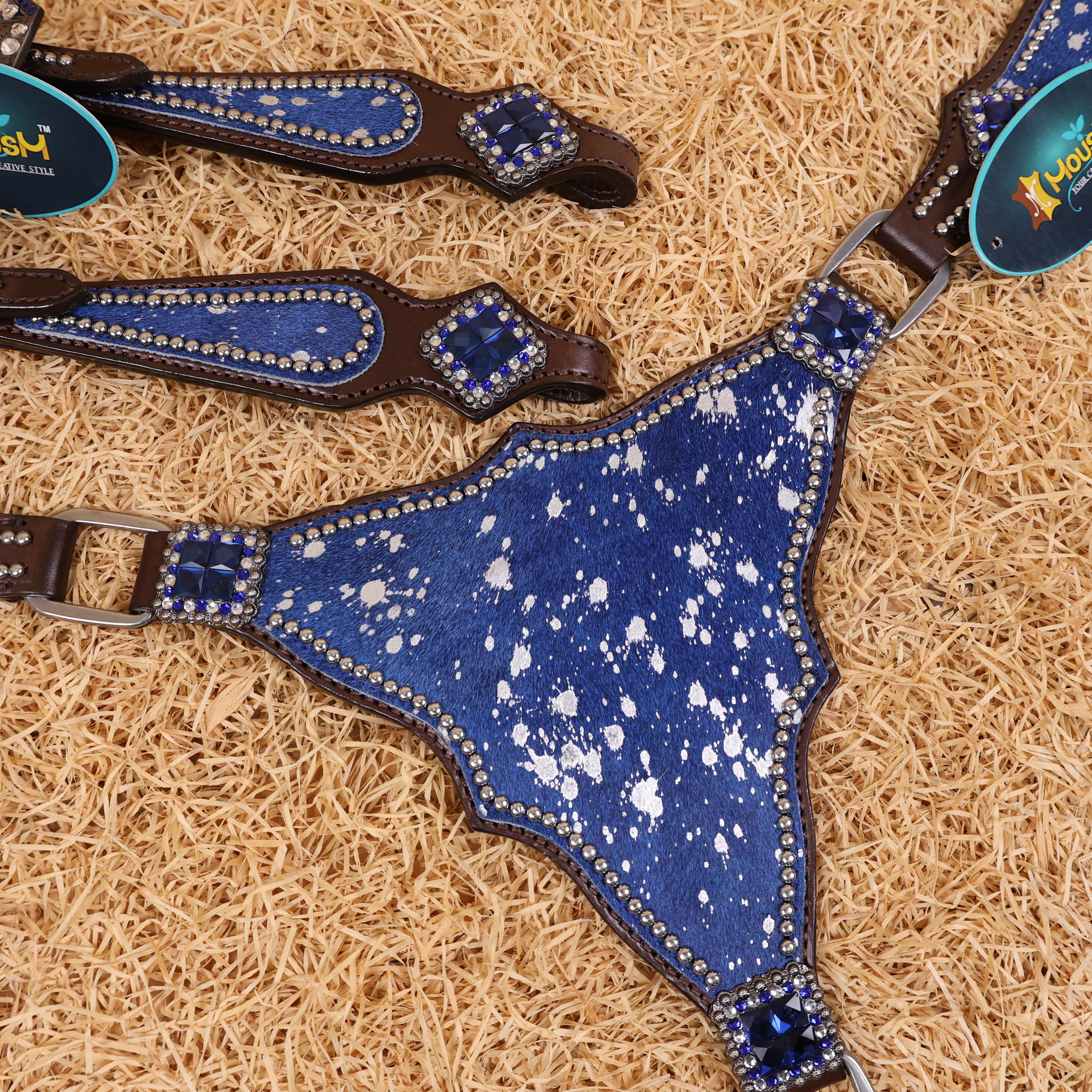 MOUSM Western Headstall & Breast Collar Set – Made with Genuine Argentina Cow Leather Decorated Middle Leather Patch with Royal Blue Metallic Acid Wash Cowhide