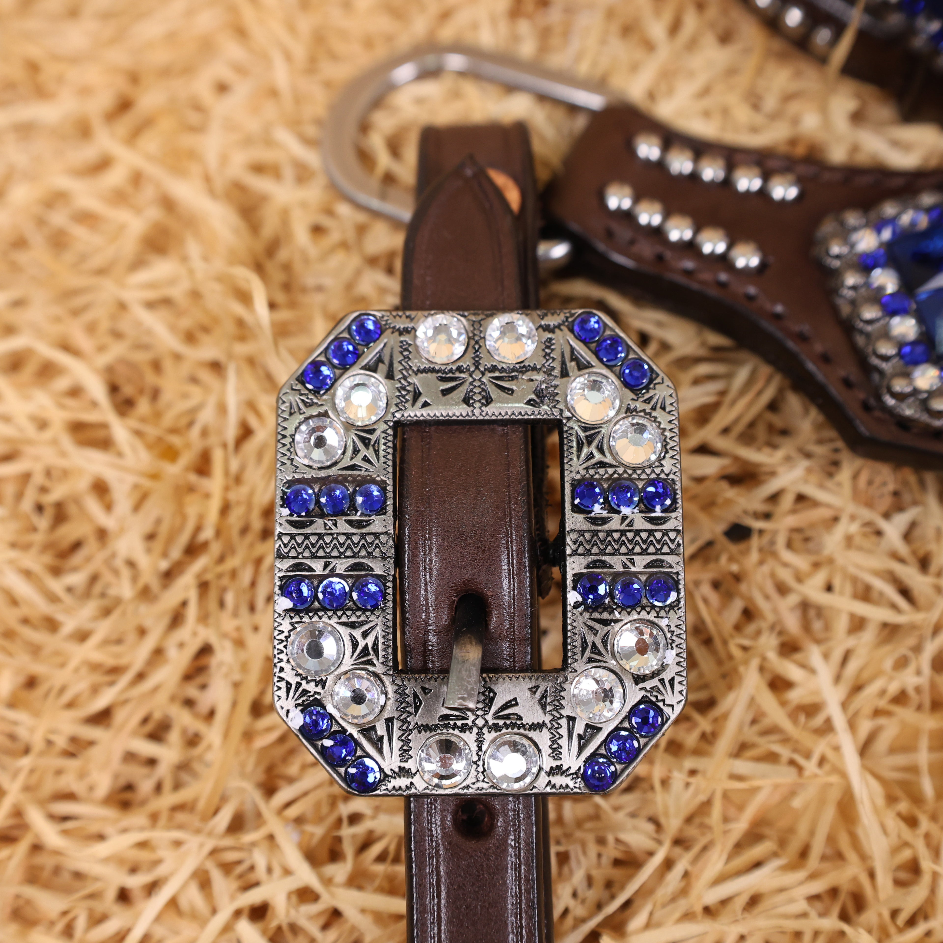 MOUSM Western Headstall & Breast Collar Set – Made with Genuine Argentina Cow Leather Decorated Middle Leather Patch with Royal Blue Metallic Acid Wash Cowhide