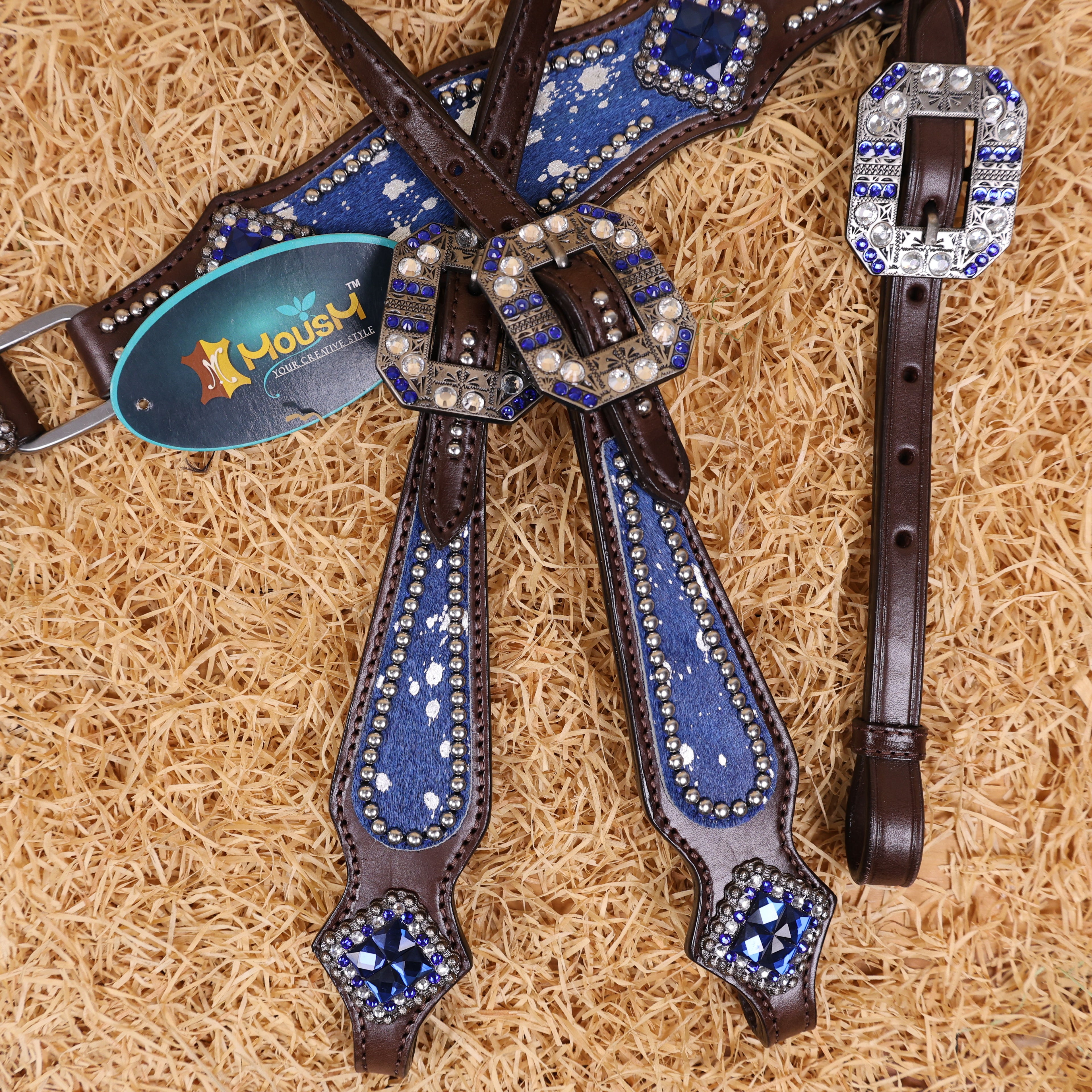 MOUSM Western Headstall & Breast Collar Set – Made with Genuine Argentina Cow Leather Decorated Middle Leather Patch with Royal Blue Metallic Acid Wash Cowhide