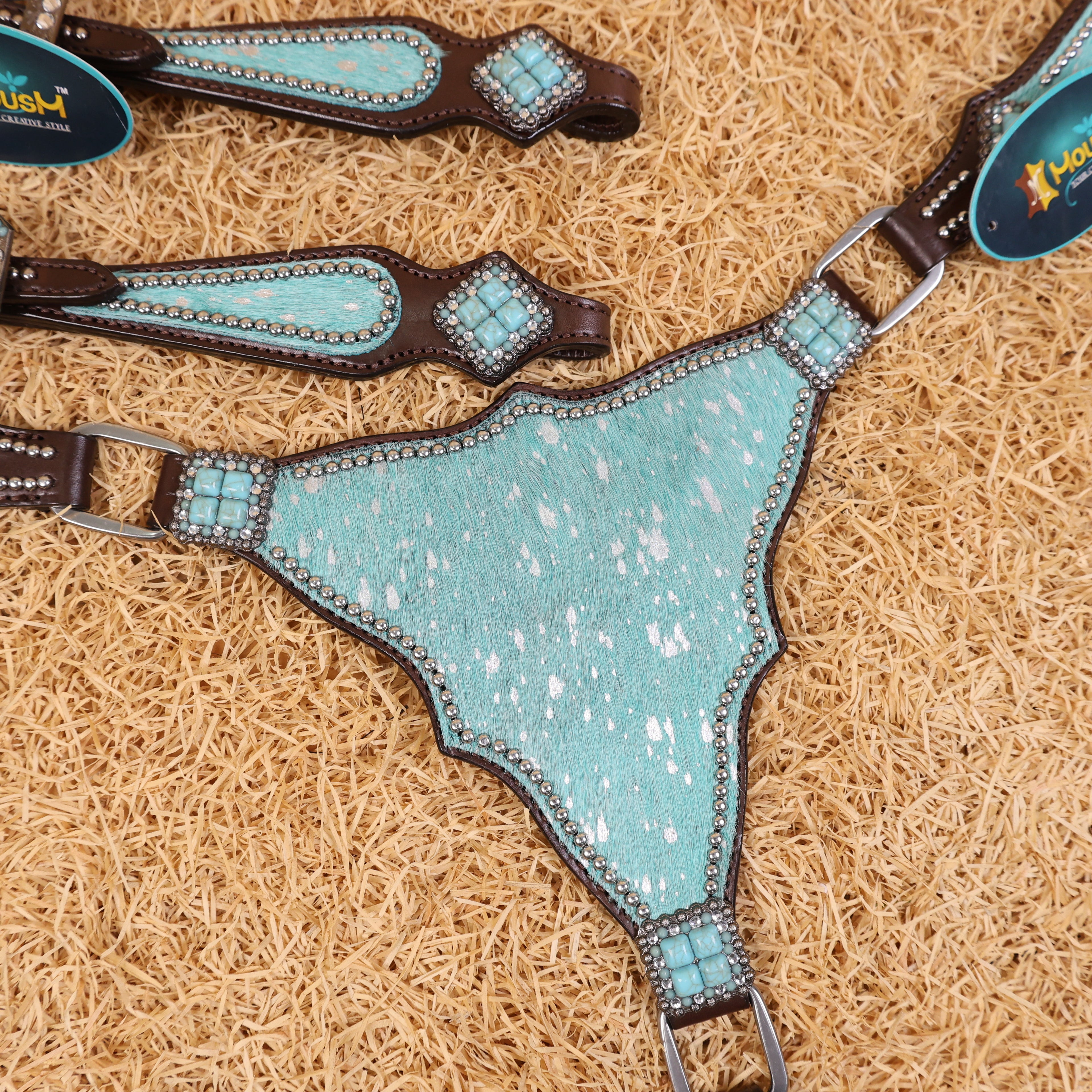 MOUSM Western Headstall & Breast Collar Set – Made with Genuine Argentina Cow Leather Decorated Middle Leather Patch with Turquoise Metallic Acid Wash Cowhide