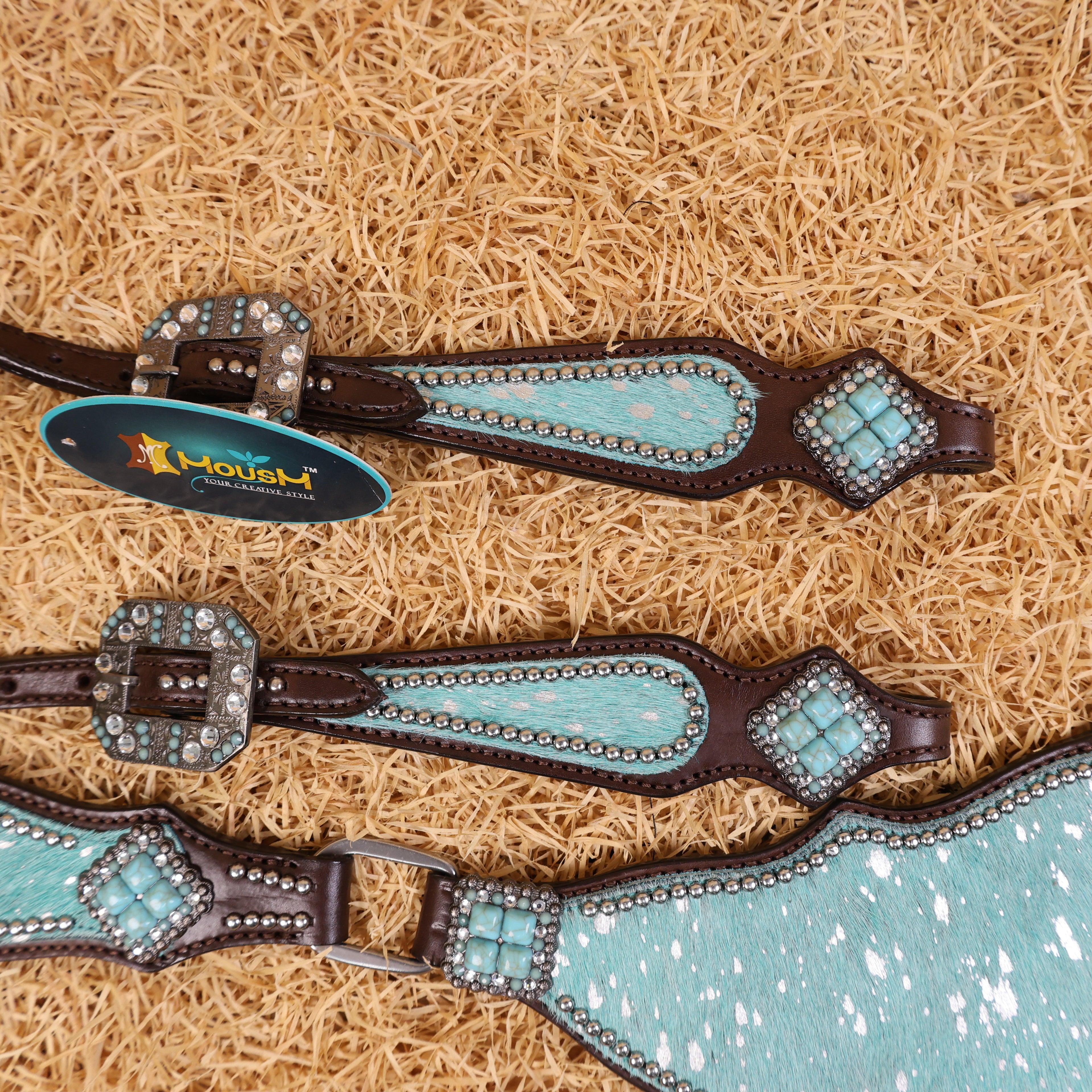MOUSM Western Headstall & Breast Collar Set – Made with Genuine Argentina Cow Leather Decorated Middle Leather Patch with Turquoise Metallic Acid Wash Cowhide