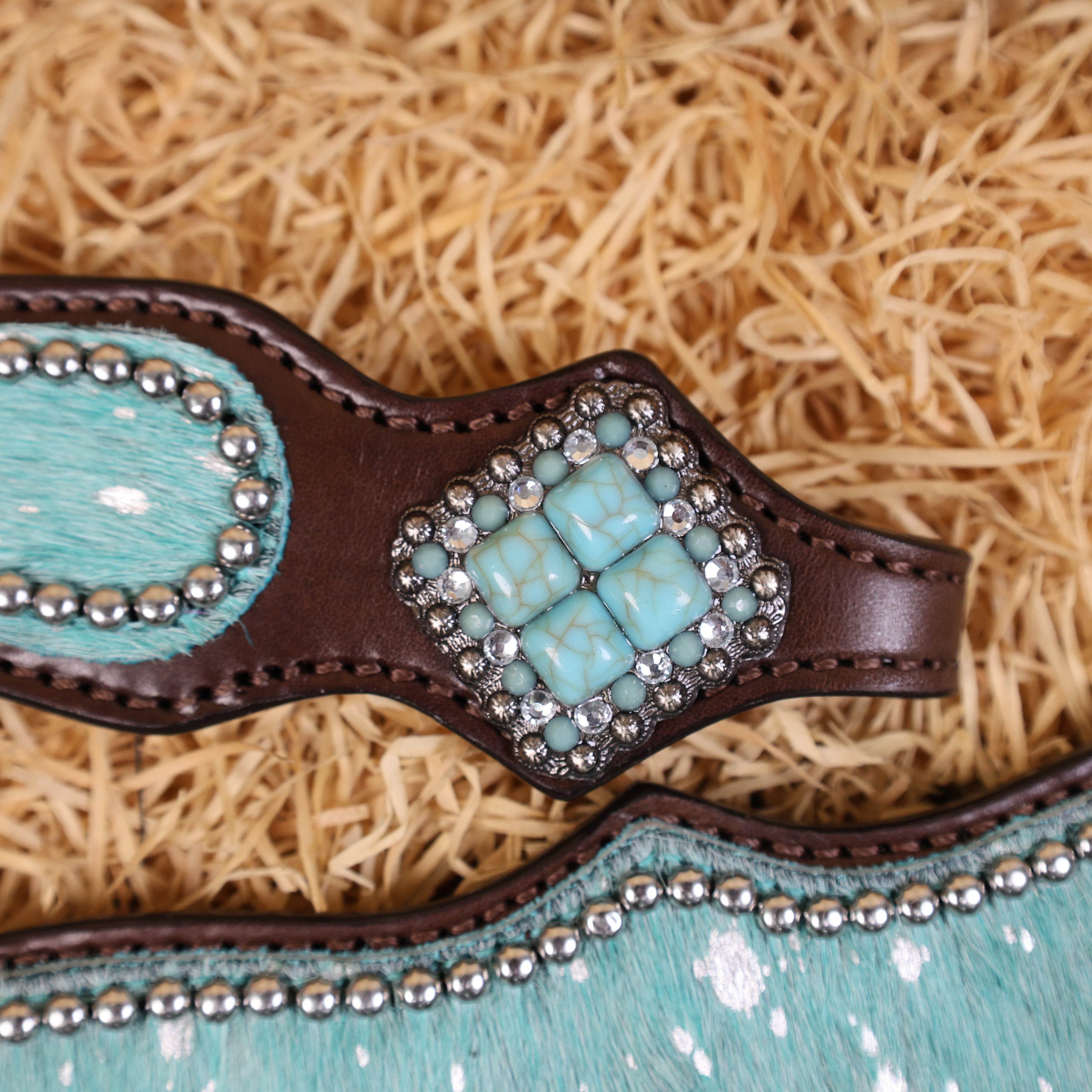 MOUSM Western Headstall & Breast Collar Set – Made with Genuine Argentina Cow Leather Decorated Middle Leather Patch with Turquoise Metallic Acid Wash Cowhide