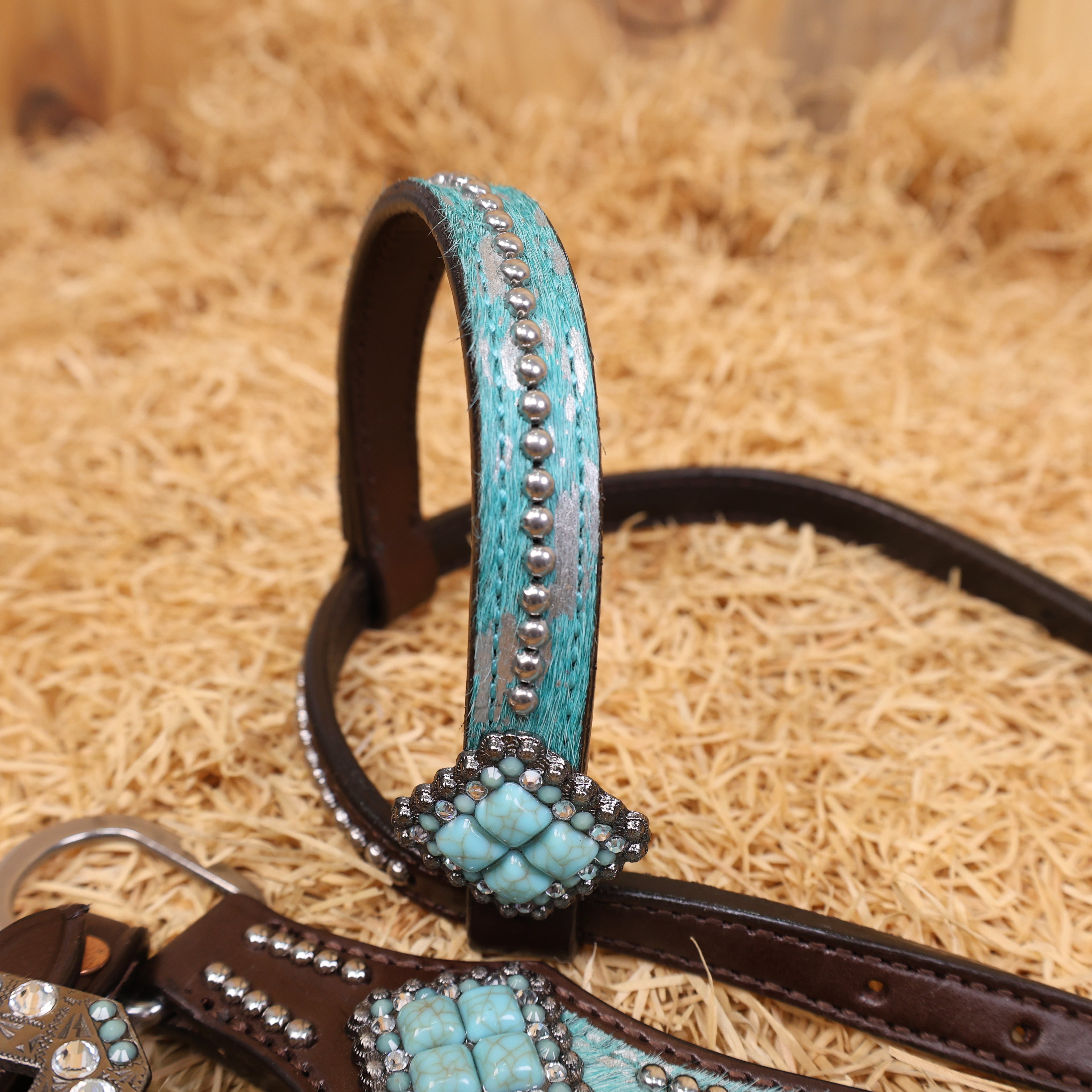 MOUSM Western Headstall & Breast Collar Set – Made with Genuine Argentina Cow Leather Decorated Middle Leather Patch with Turquoise Metallic Acid Wash Cowhide