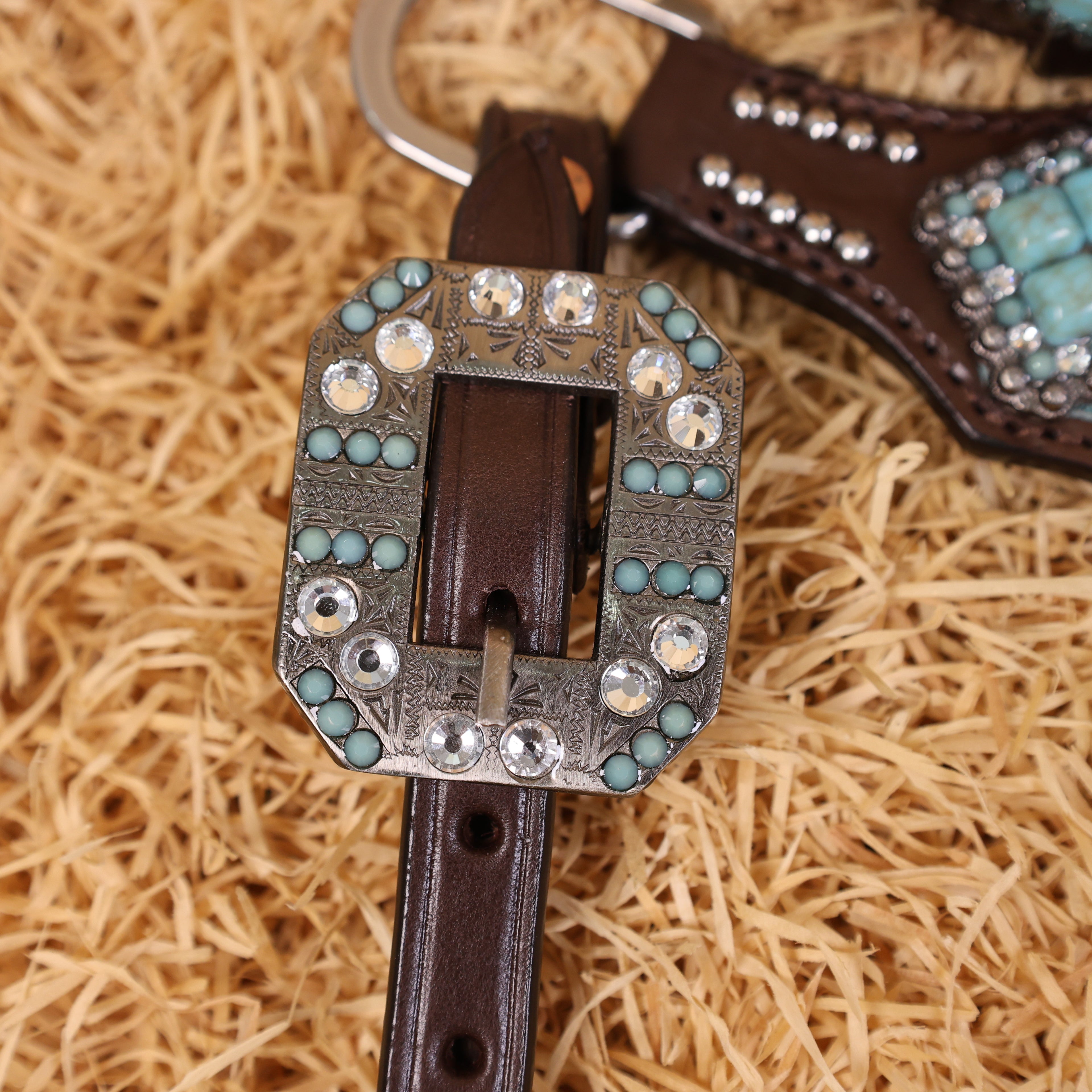 MOUSM Western Headstall & Breast Collar Set – Made with Genuine Argentina Cow Leather Decorated Middle Leather Patch with Turquoise Metallic Acid Wash Cowhide