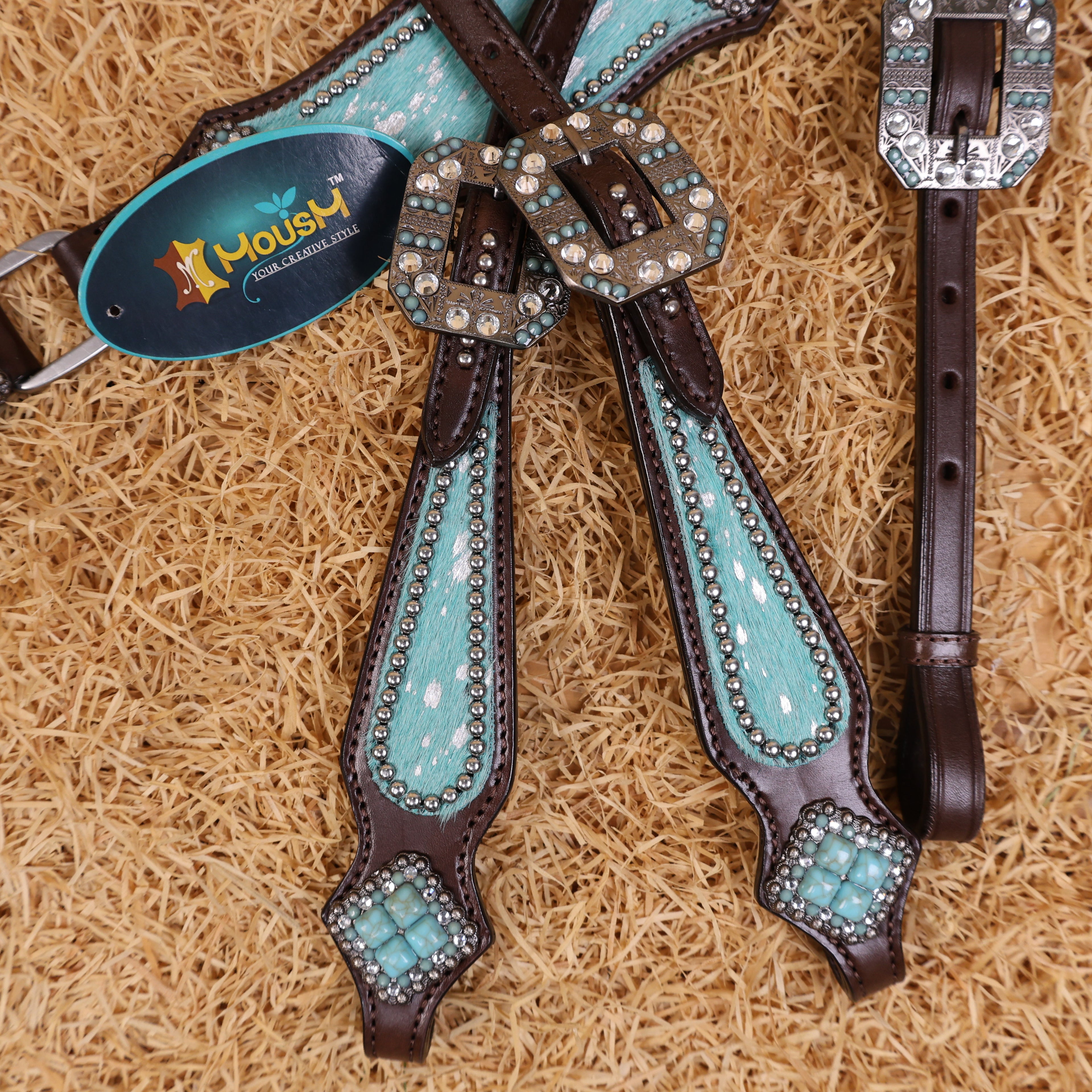 MOUSM Western Headstall & Breast Collar Set – Made with Genuine Argentina Cow Leather Decorated Middle Leather Patch with Turquoise Metallic Acid Wash Cowhide