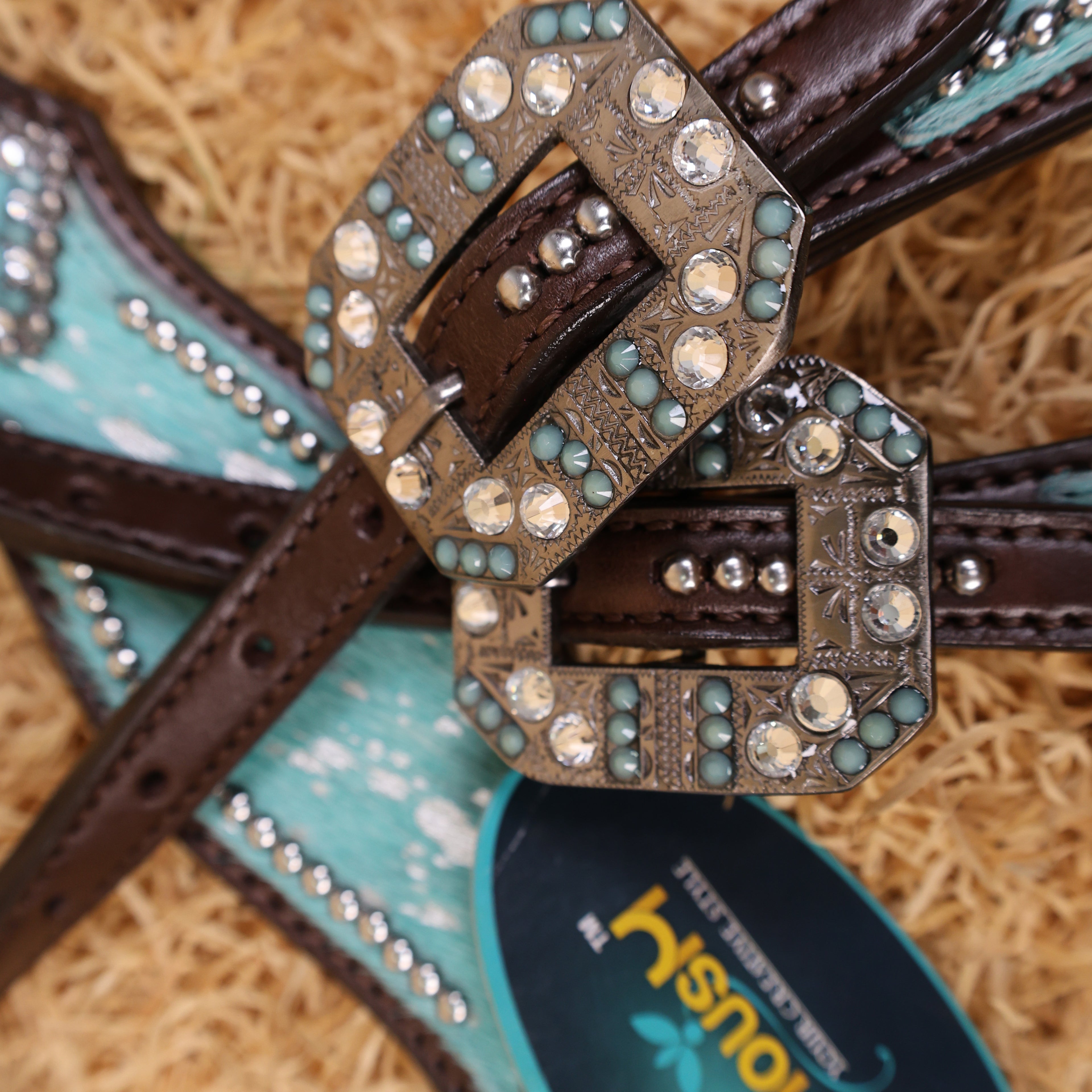MOUSM Western Headstall & Breast Collar Set – Made with Genuine Argentina Cow Leather Decorated Middle Leather Patch with Turquoise Metallic Acid Wash Cowhide