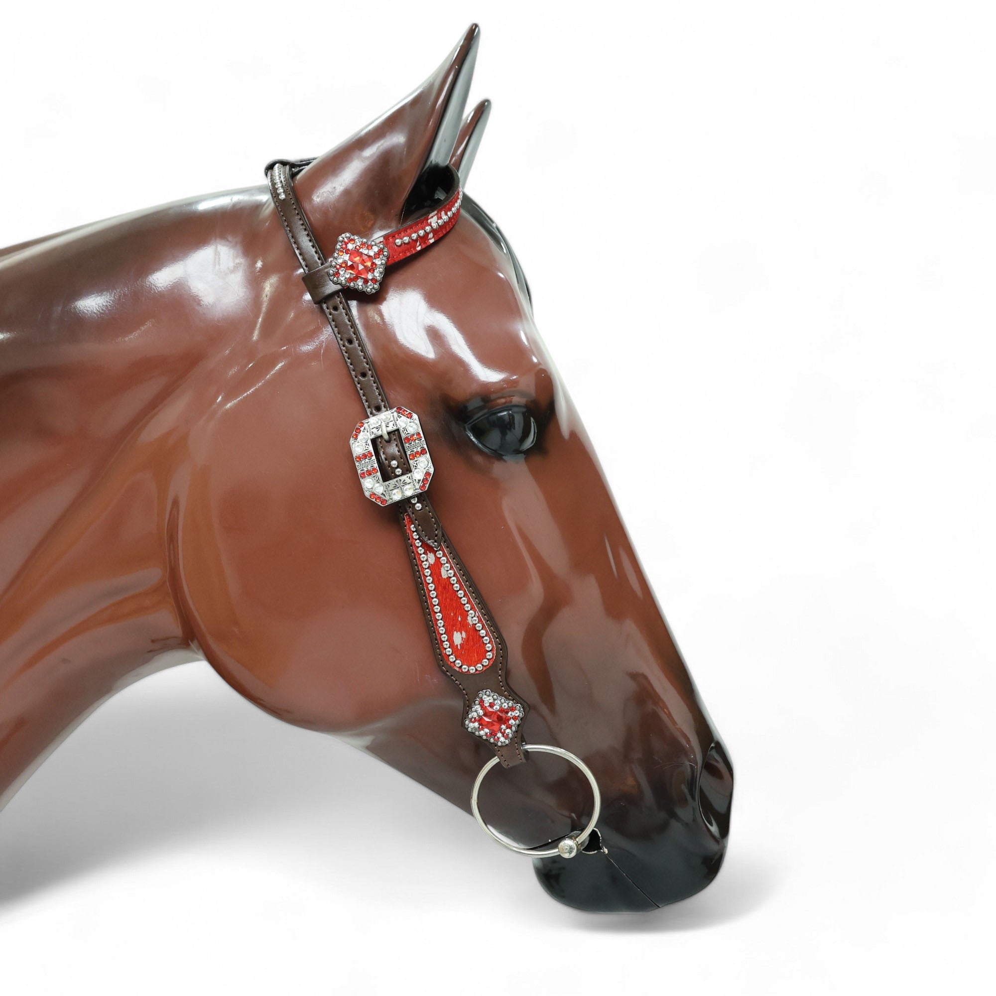 MOUSM Western Headstall & Breast Collar Set – Made with Genuine Argentina Cow Leather Decorated Middle Leather Patch with Red Silver Metallic Acid Wash Cowhide