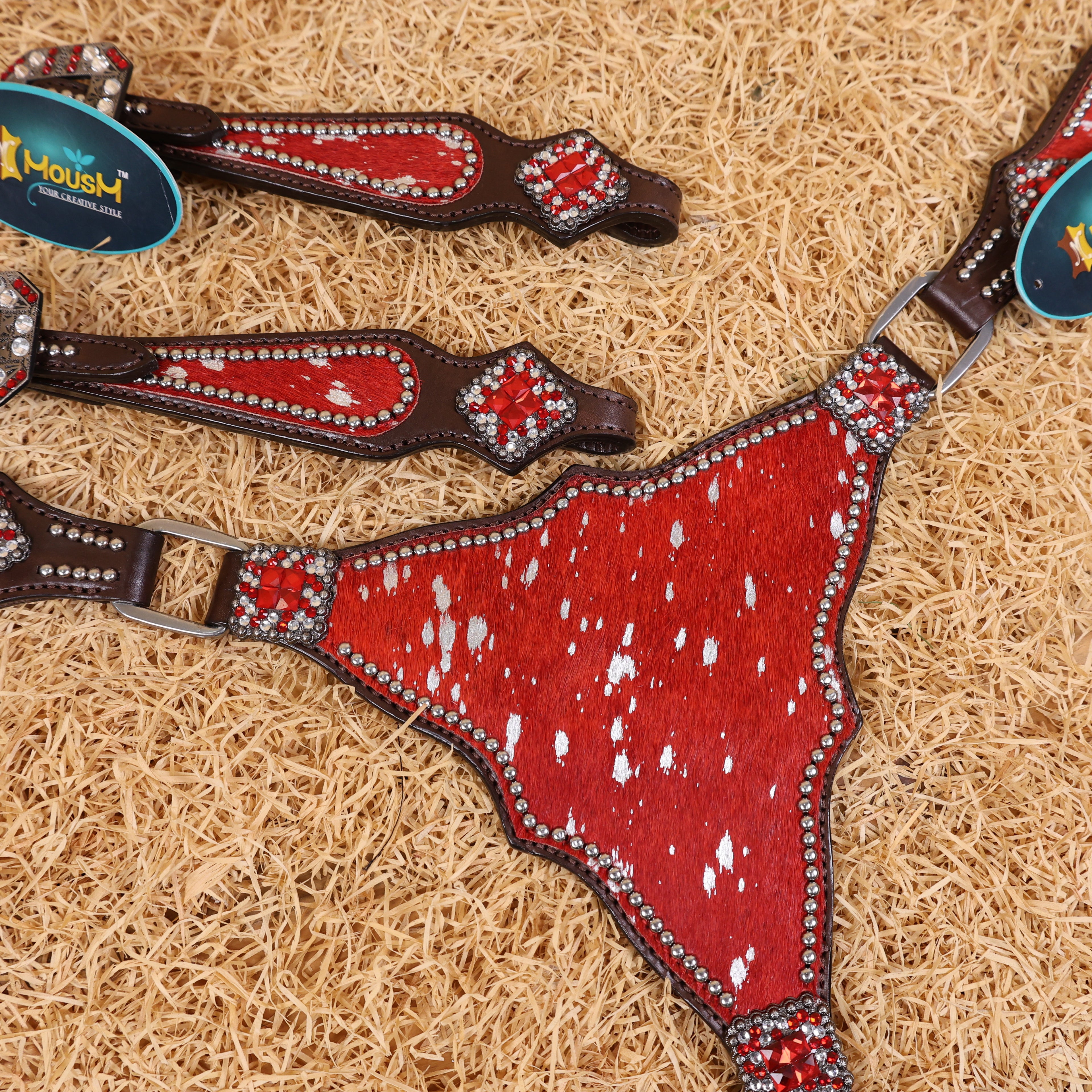 MOUSM Western Headstall & Breast Collar Set – Made with Genuine Argentina Cow Leather Decorated Middle Leather Patch with Red Silver Metallic Acid Wash Cowhide