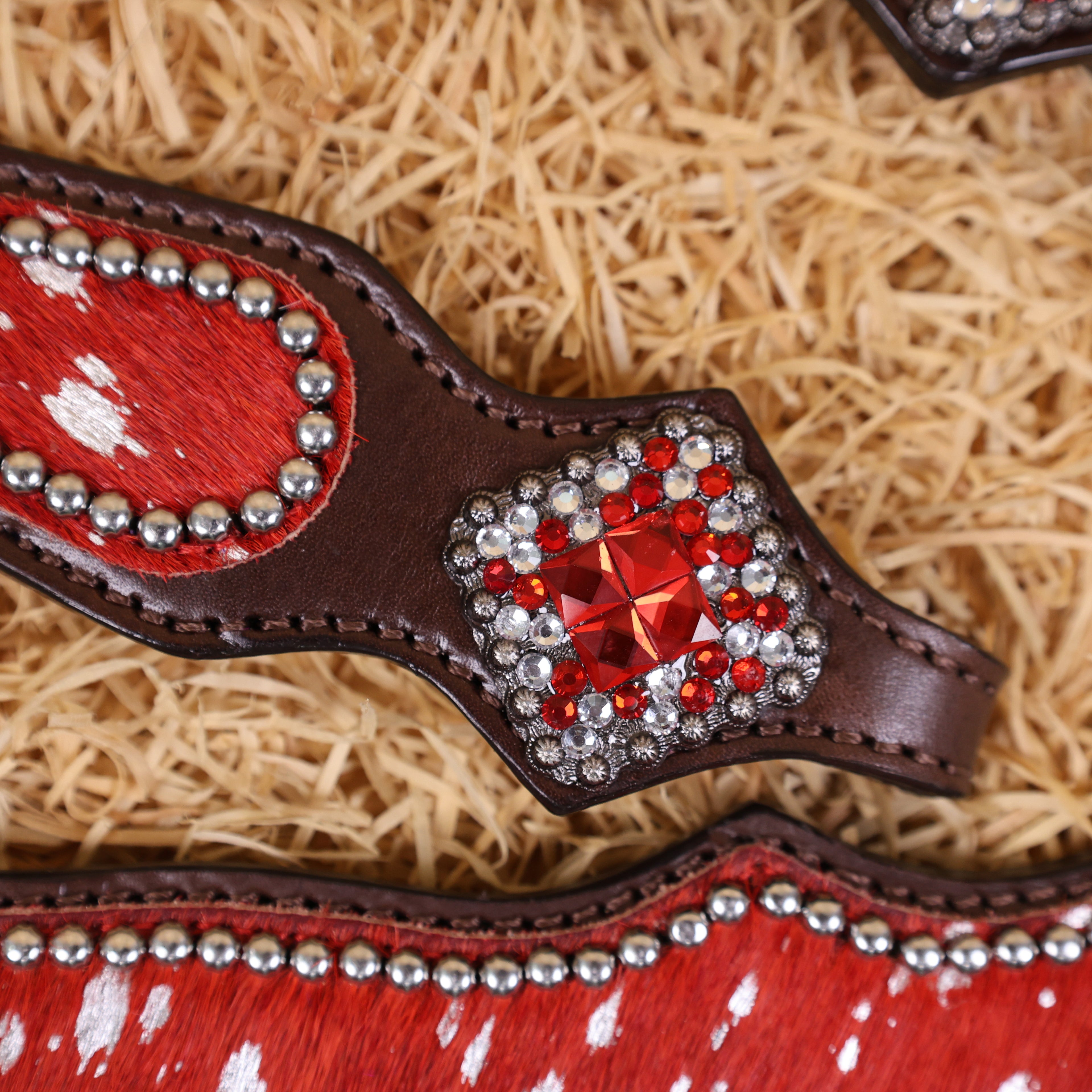 MOUSM Western Headstall & Breast Collar Set – Made with Genuine Argentina Cow Leather Decorated Middle Leather Patch with Red Silver Metallic Acid Wash Cowhide