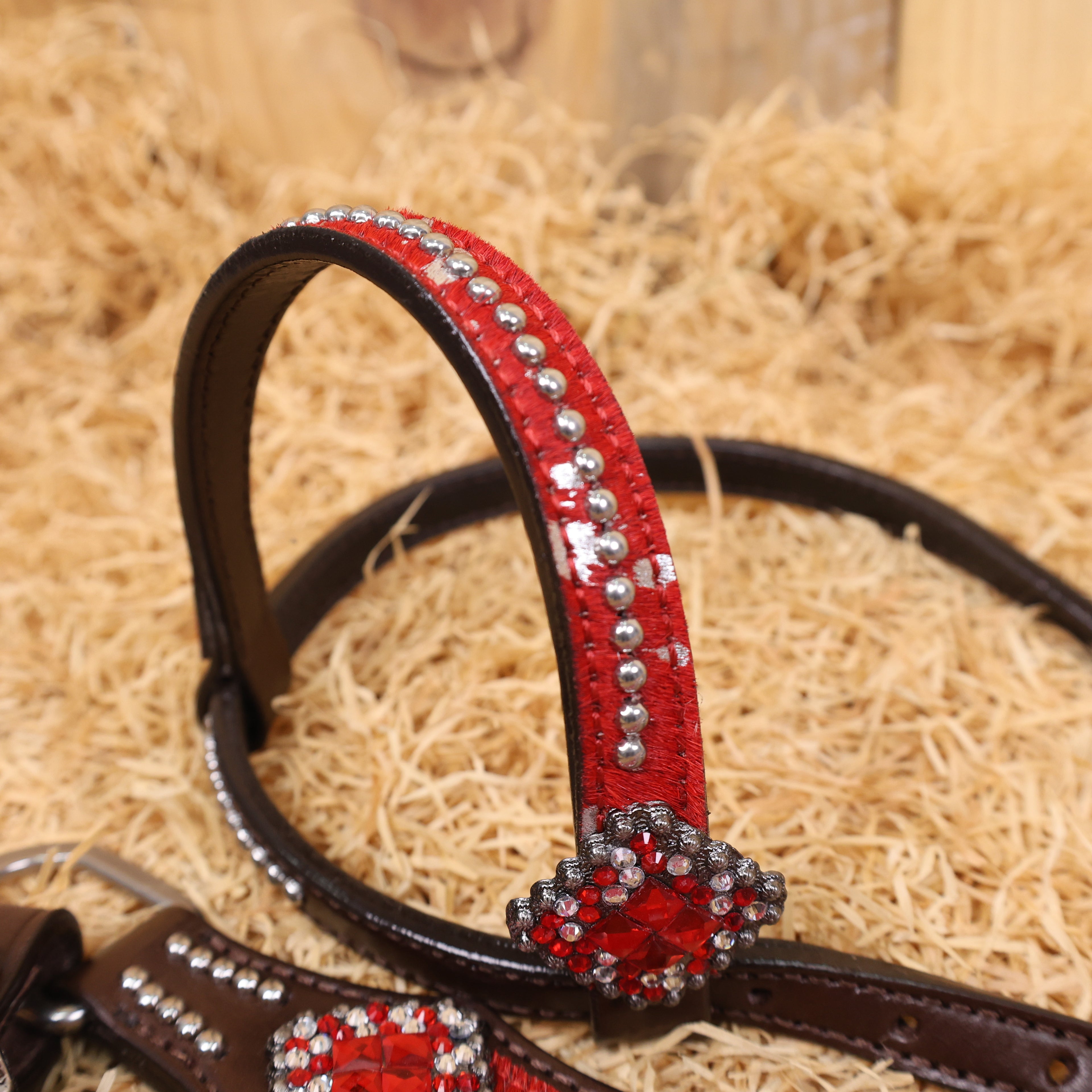 MOUSM Western Headstall & Breast Collar Set – Made with Genuine Argentina Cow Leather Decorated Middle Leather Patch with Red Silver Metallic Acid Wash Cowhide