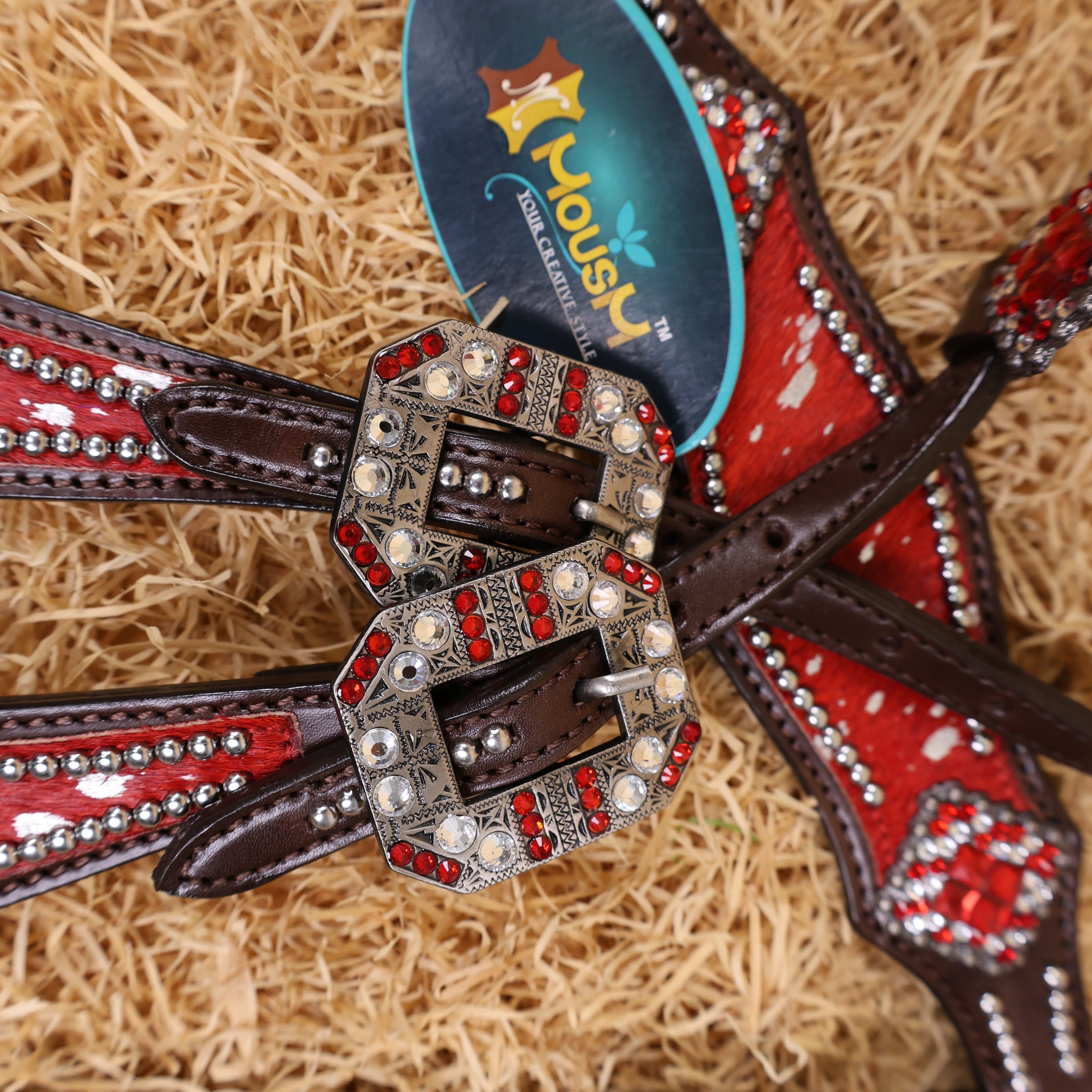 MOUSM Western Headstall & Breast Collar Set – Made with Genuine Argentina Cow Leather Decorated Middle Leather Patch with Red Silver Metallic Acid Wash Cowhide