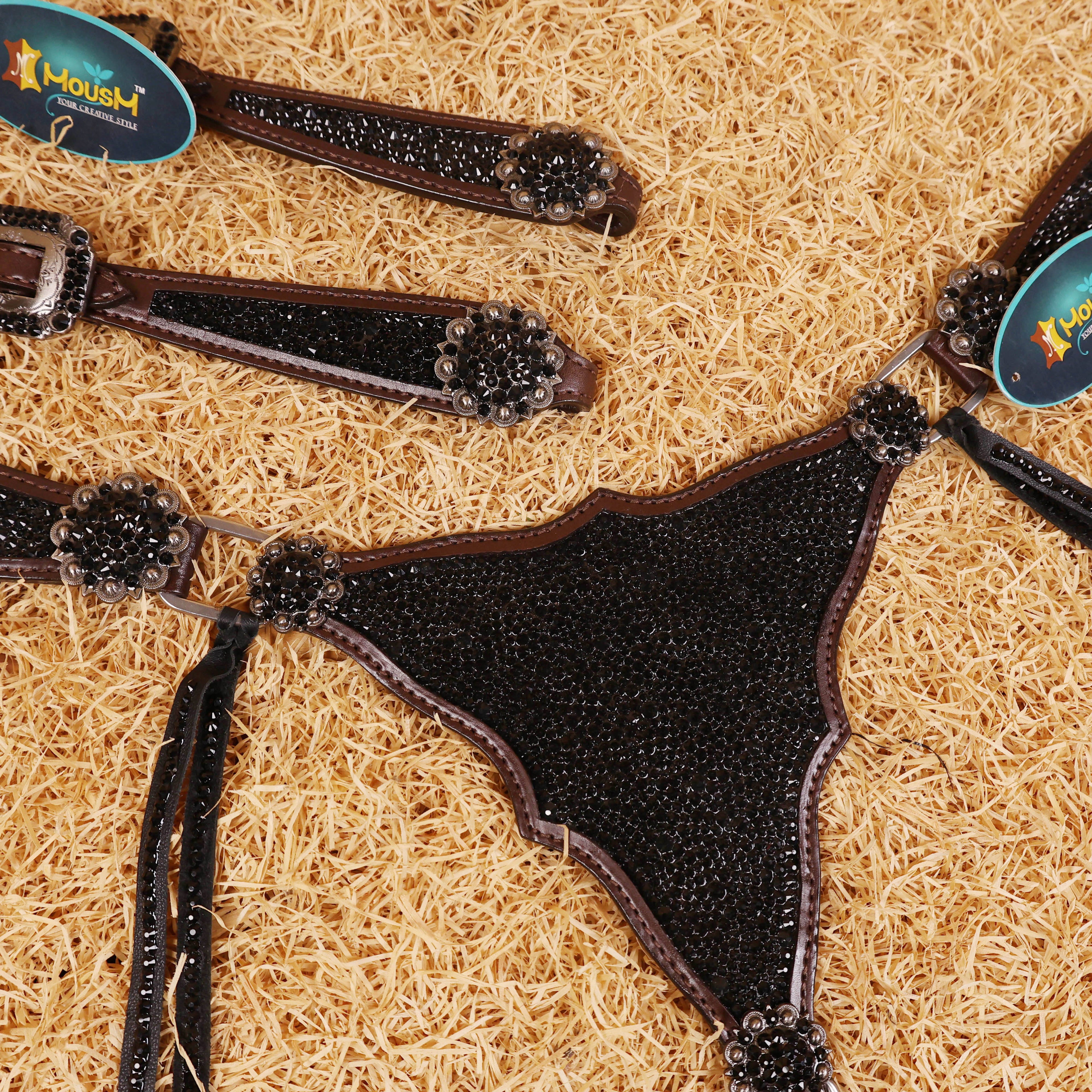 MOUSM Western Headstall and Breast Collar Set – Argentina Cow Leather Horse Tack Set Decorated with Black Rhinestones on Gladiator Breast Collar with Roping and Bling Conchos