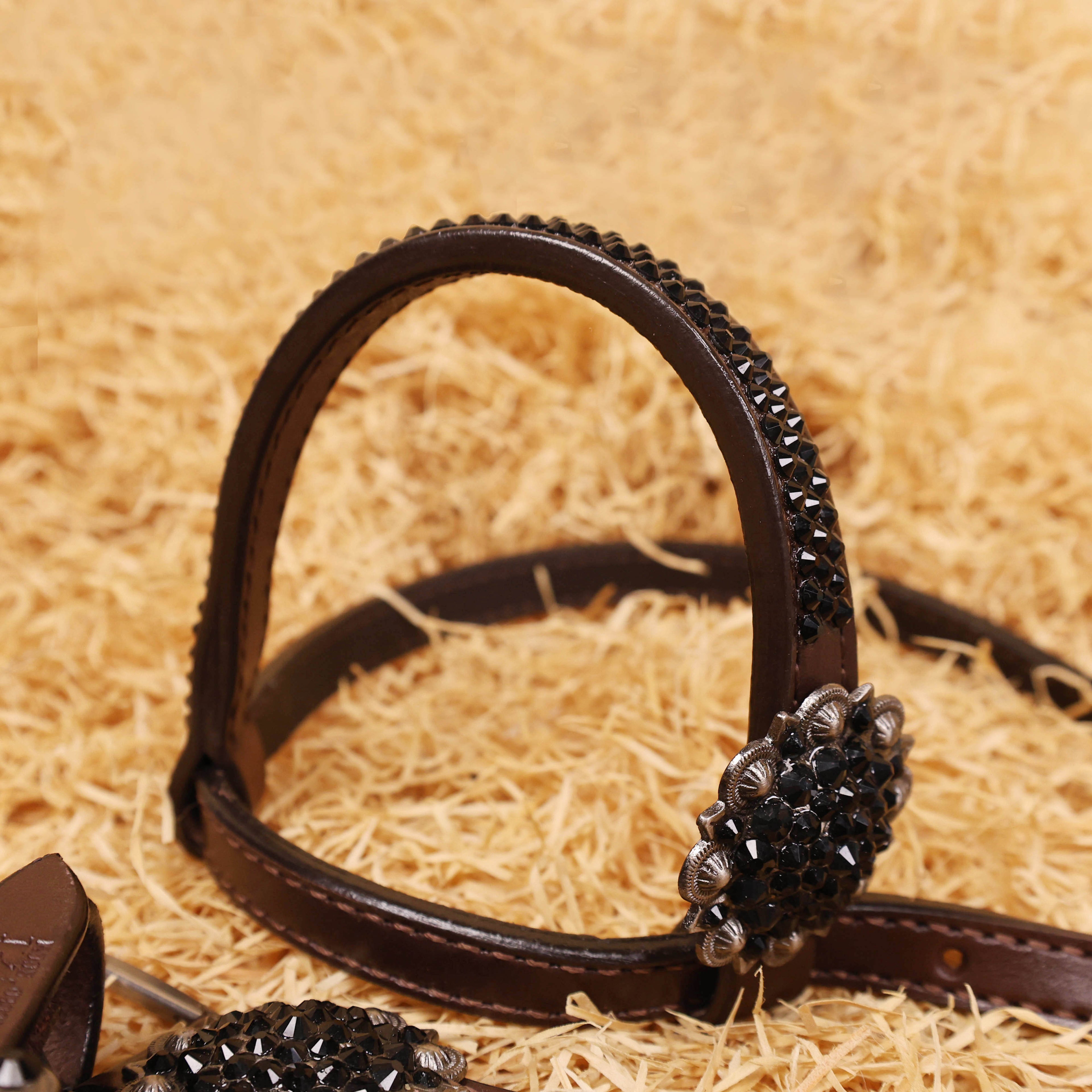 MOUSM Western Headstall and Breast Collar Set – Argentina Cow Leather Horse Tack Set Decorated with Black Rhinestones on Gladiator Breast Collar with Roping and Bling Conchos