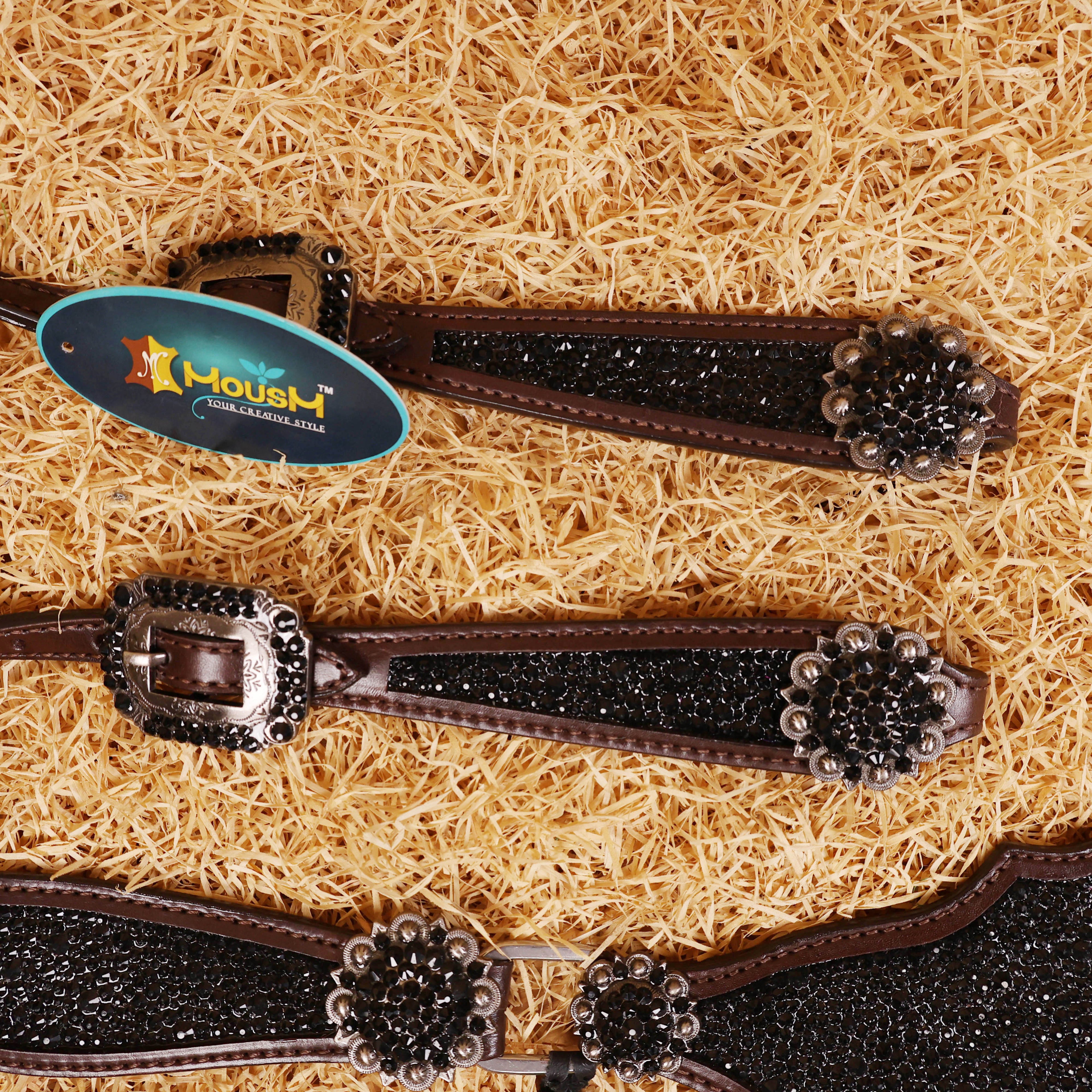 MOUSM Western Headstall and Breast Collar Set – Argentina Cow Leather Horse Tack Set Decorated with Black Rhinestones on Gladiator Breast Collar with Roping and Bling Conchos