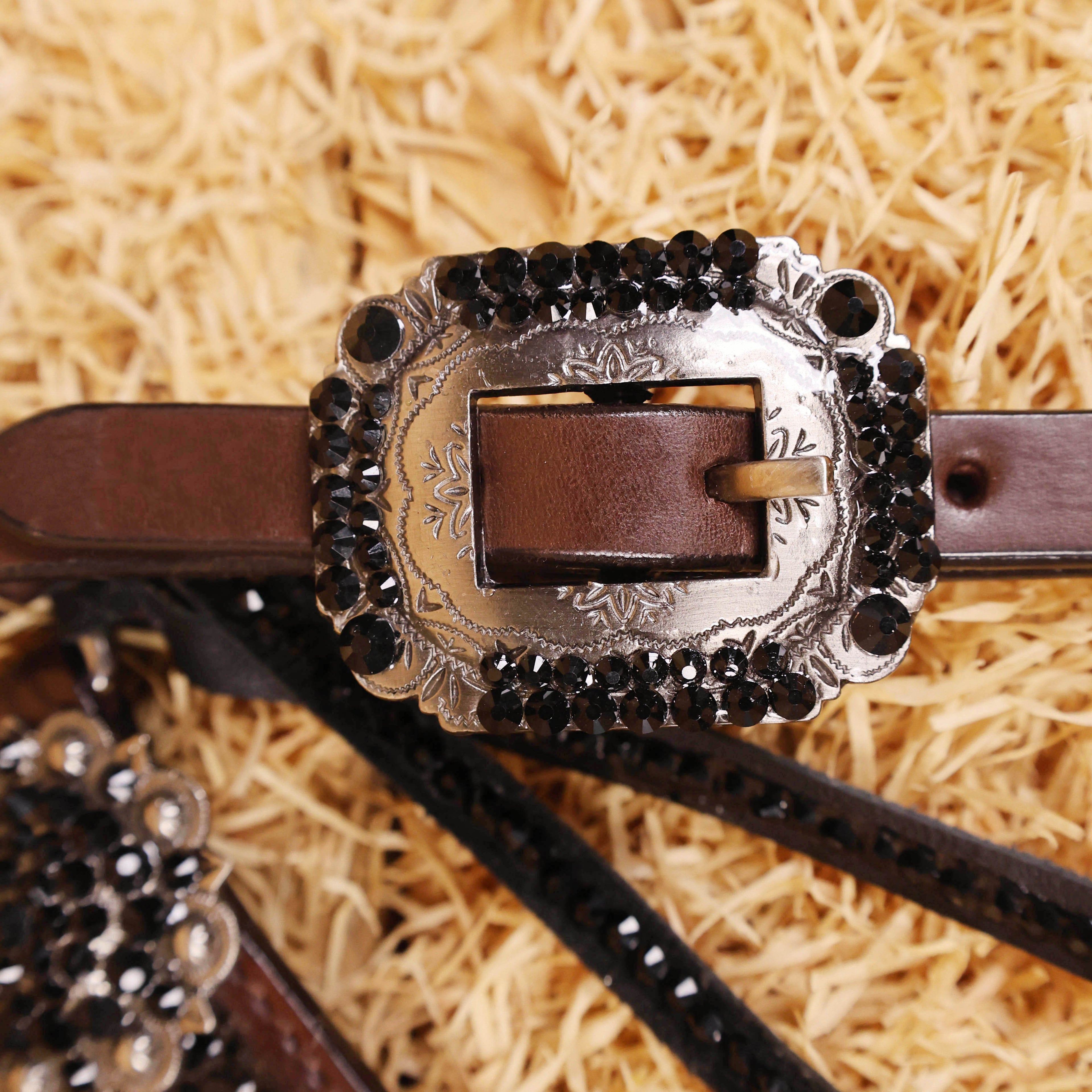 MOUSM Western Headstall and Breast Collar Set – Argentina Cow Leather Horse Tack Set Decorated with Black Rhinestones on Gladiator Breast Collar with Roping and Bling Conchos