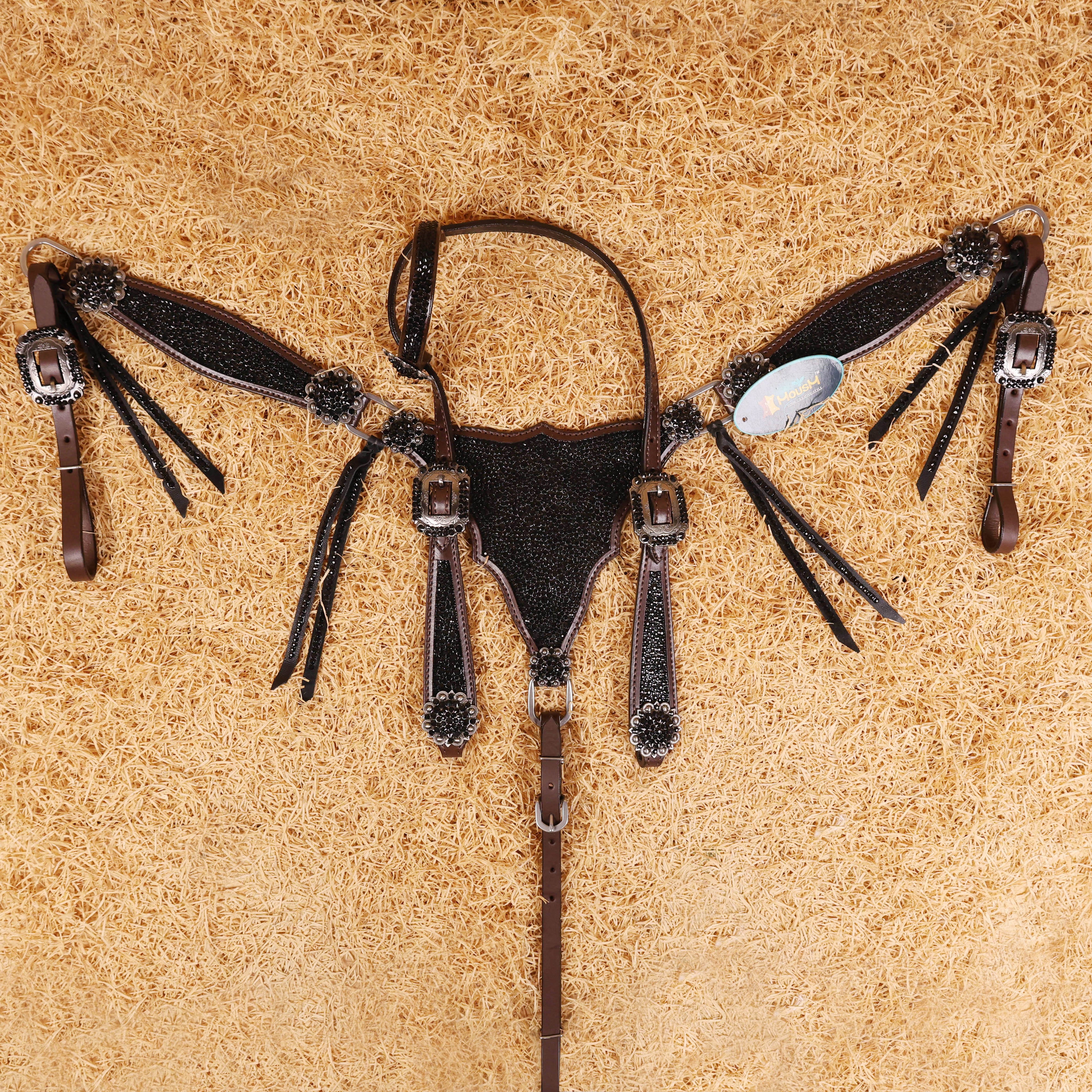 MOUSM Western Headstall and Breast Collar Set – Argentina Cow Leather Horse Tack Set Decorated with Black Rhinestones on Gladiator Breast Collar with Roping and Bling Conchos