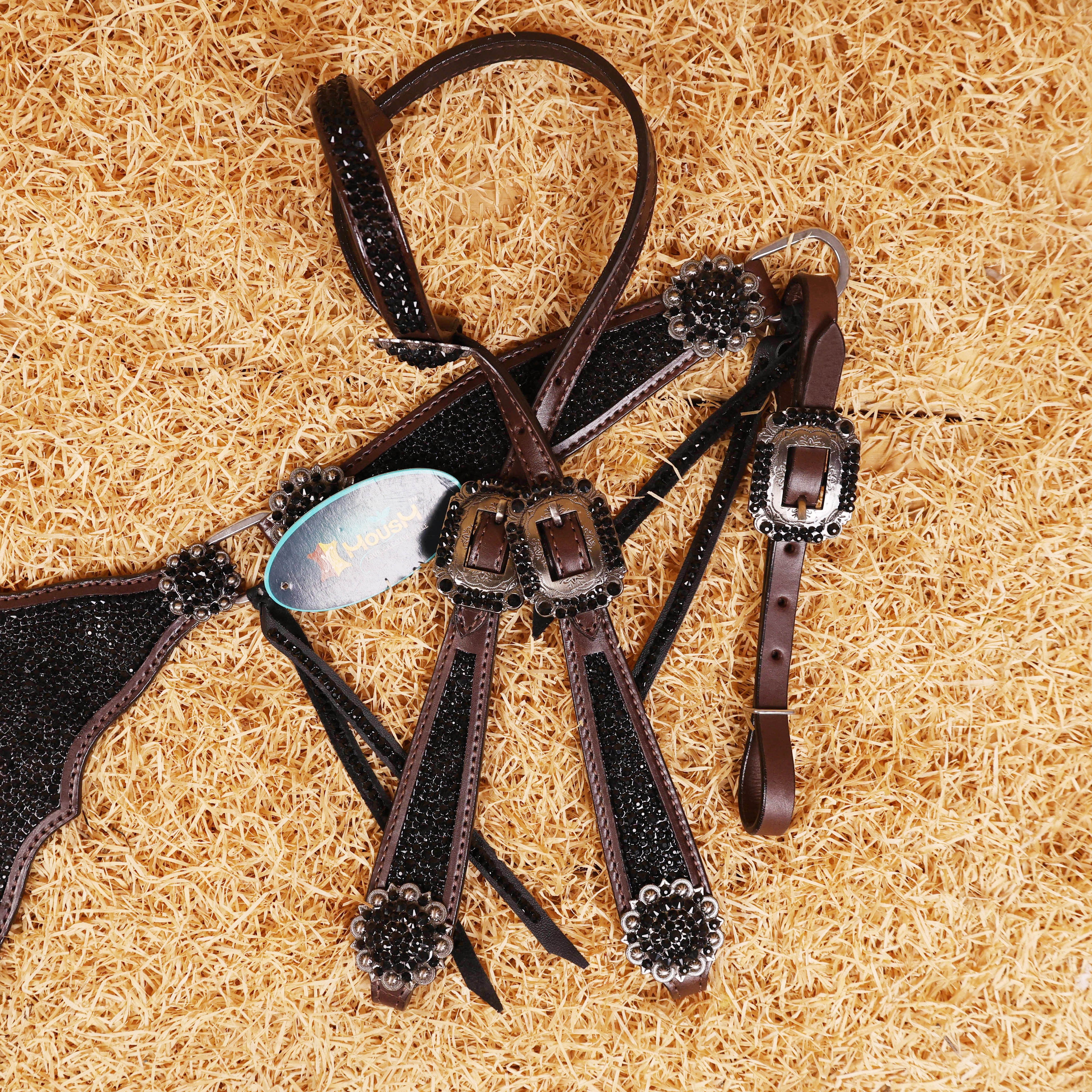 MOUSM Western Headstall and Breast Collar Set – Argentina Cow Leather Horse Tack Set Decorated with Black Rhinestones on Gladiator Breast Collar with Roping and Bling Conchos