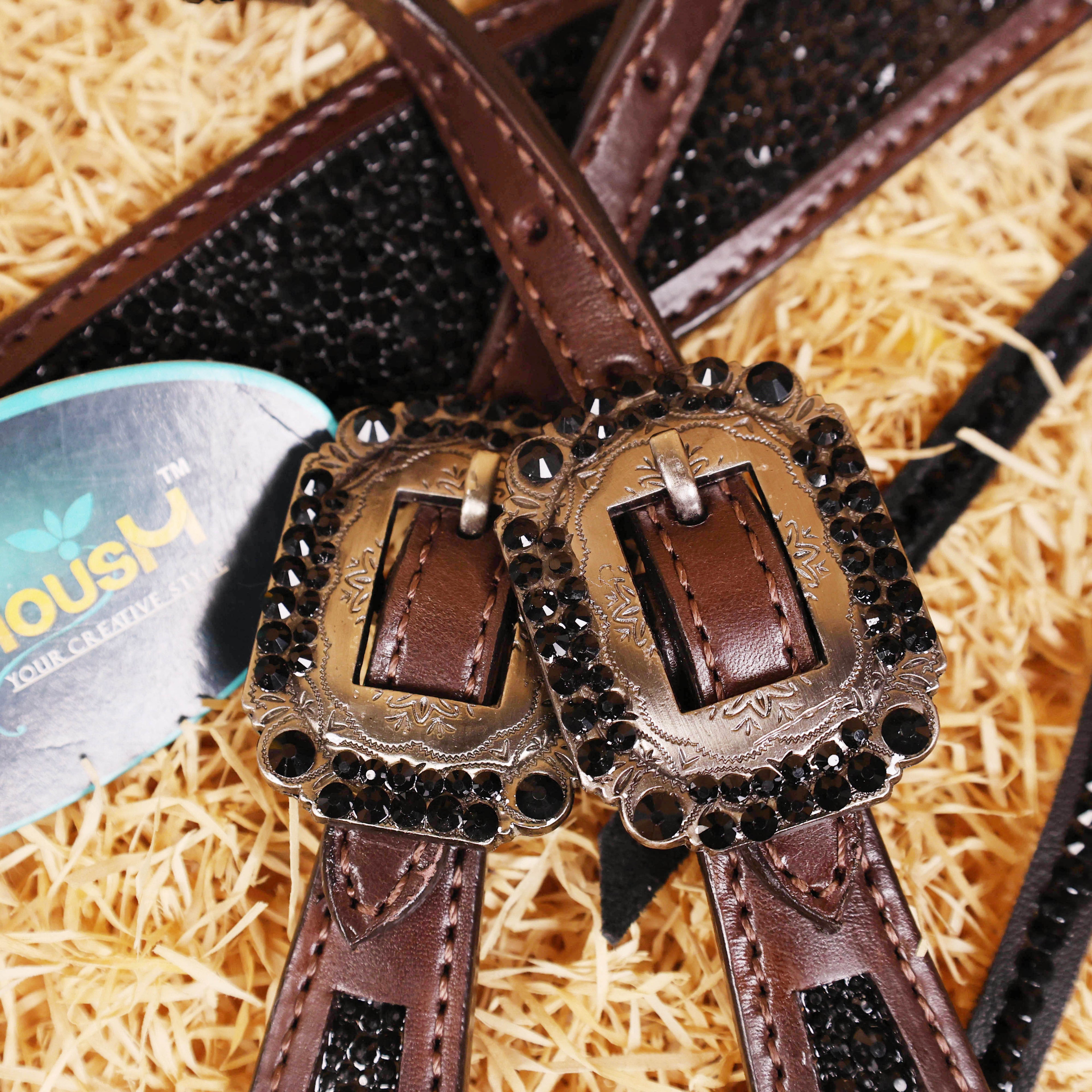 MOUSM Western Headstall and Breast Collar Set – Argentina Cow Leather Horse Tack Set Decorated with Black Rhinestones on Gladiator Breast Collar with Roping and Bling Conchos