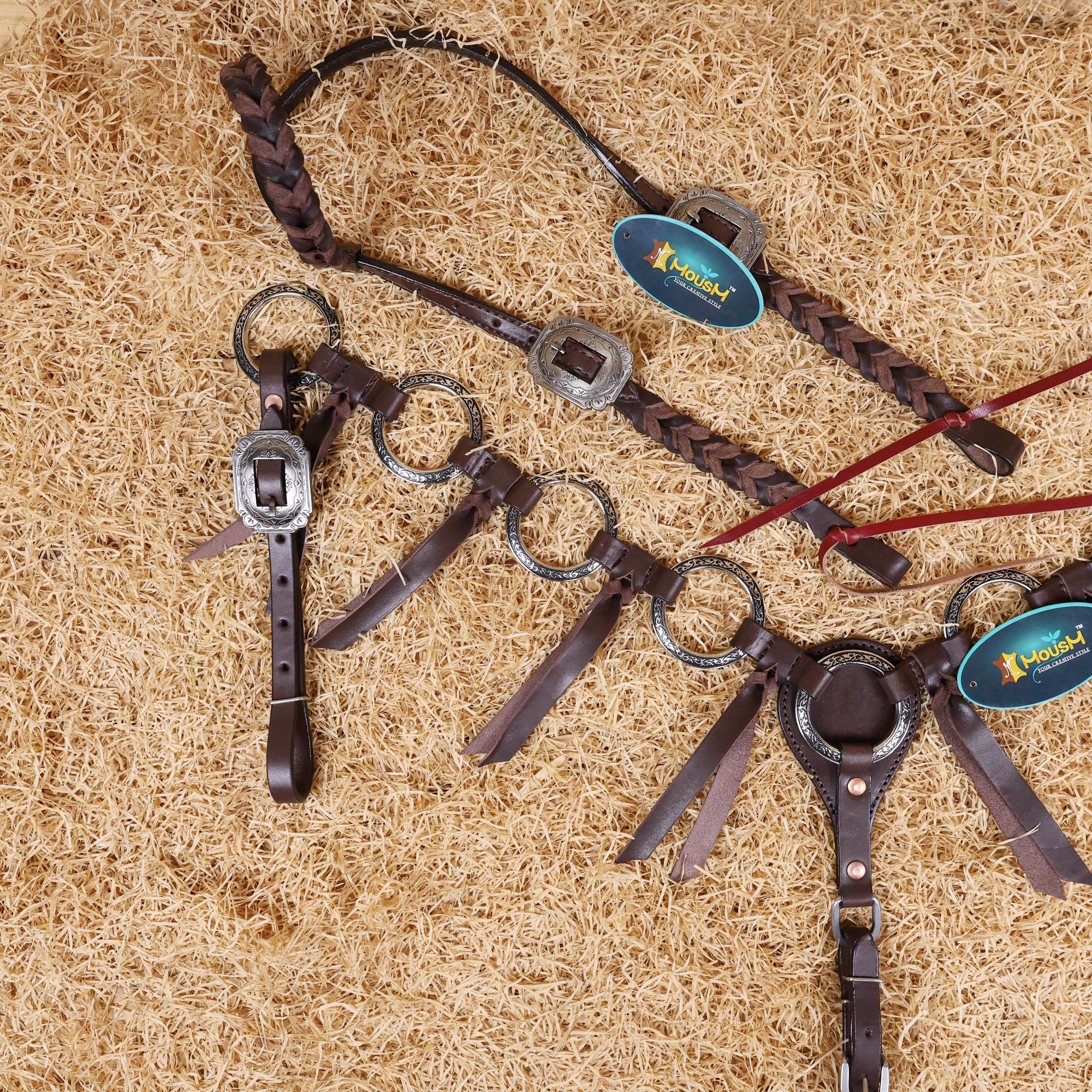 MOUSM Ring Headstall and Breast Collar Tack Set – Made form Argentina Cow Leather with Engraved Antique Nickel Rings, Metallic Brown Plain Leather Fringe on Real Brown Leather, and Braided One Ear& Cheekpiece
