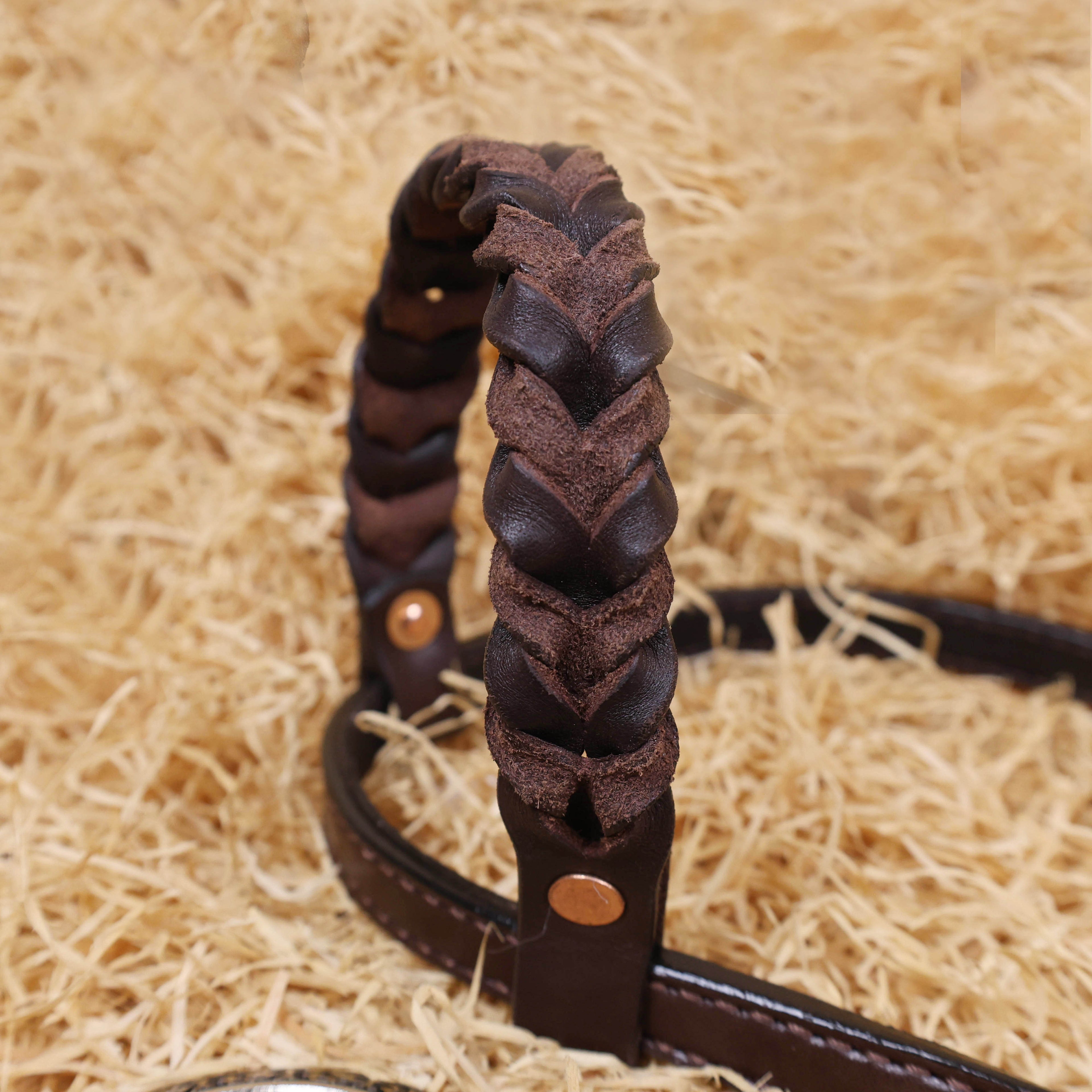 MOUSM Ring Headstall and Breast Collar Tack Set – Made form Argentina Cow Leather with Engraved Antique Nickel Rings, Metallic Brown Plain Leather Fringe on Real Brown Leather, and Braided One Ear& Cheekpiece