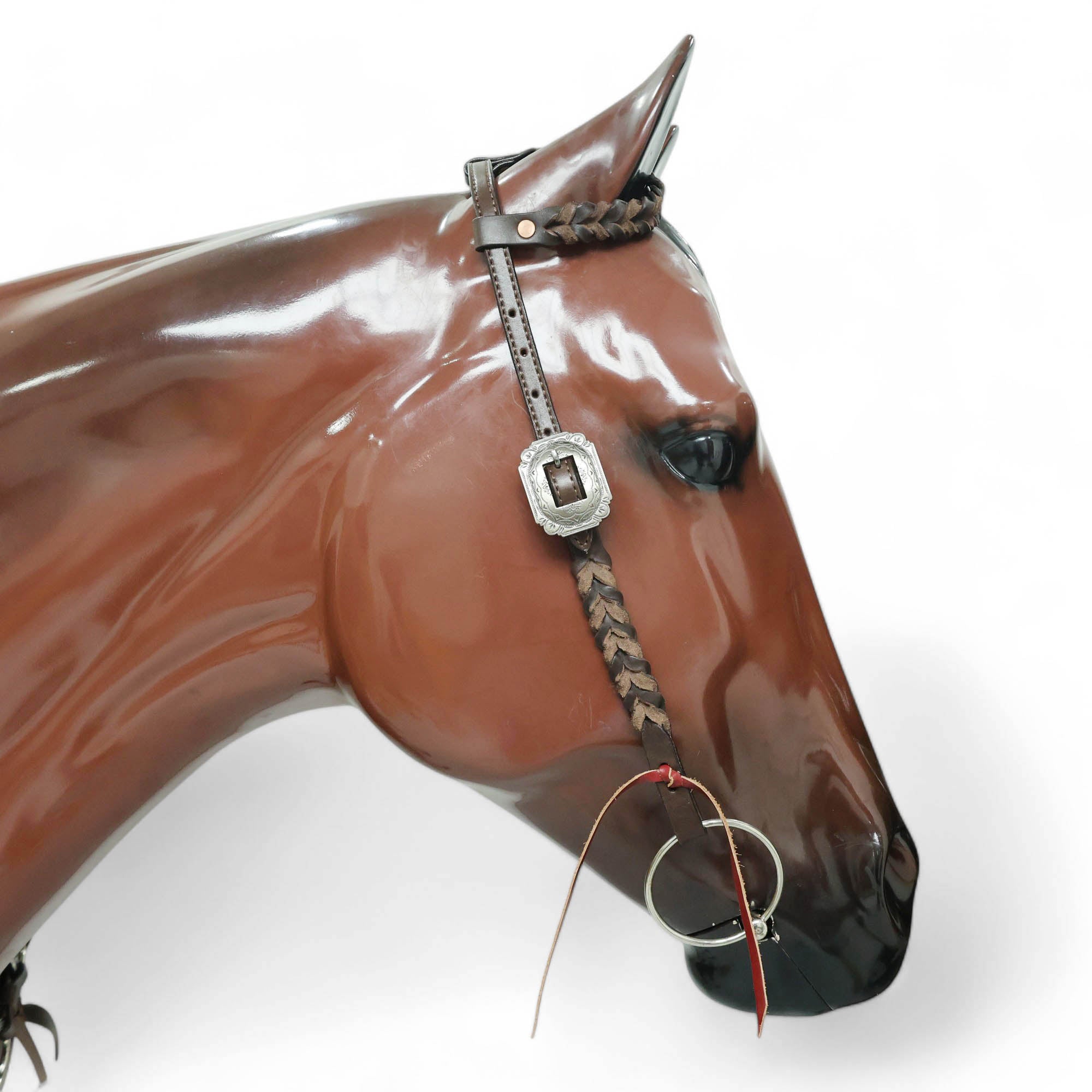 MOUSM Ring Headstall and Breast Collar Tack Set – Made form Argentina Cow Leather with Engraved Antique Nickel Rings, Metallic Brown Plain Leather Fringe on Real Brown Leather, and Braided One Ear& Cheekpiece