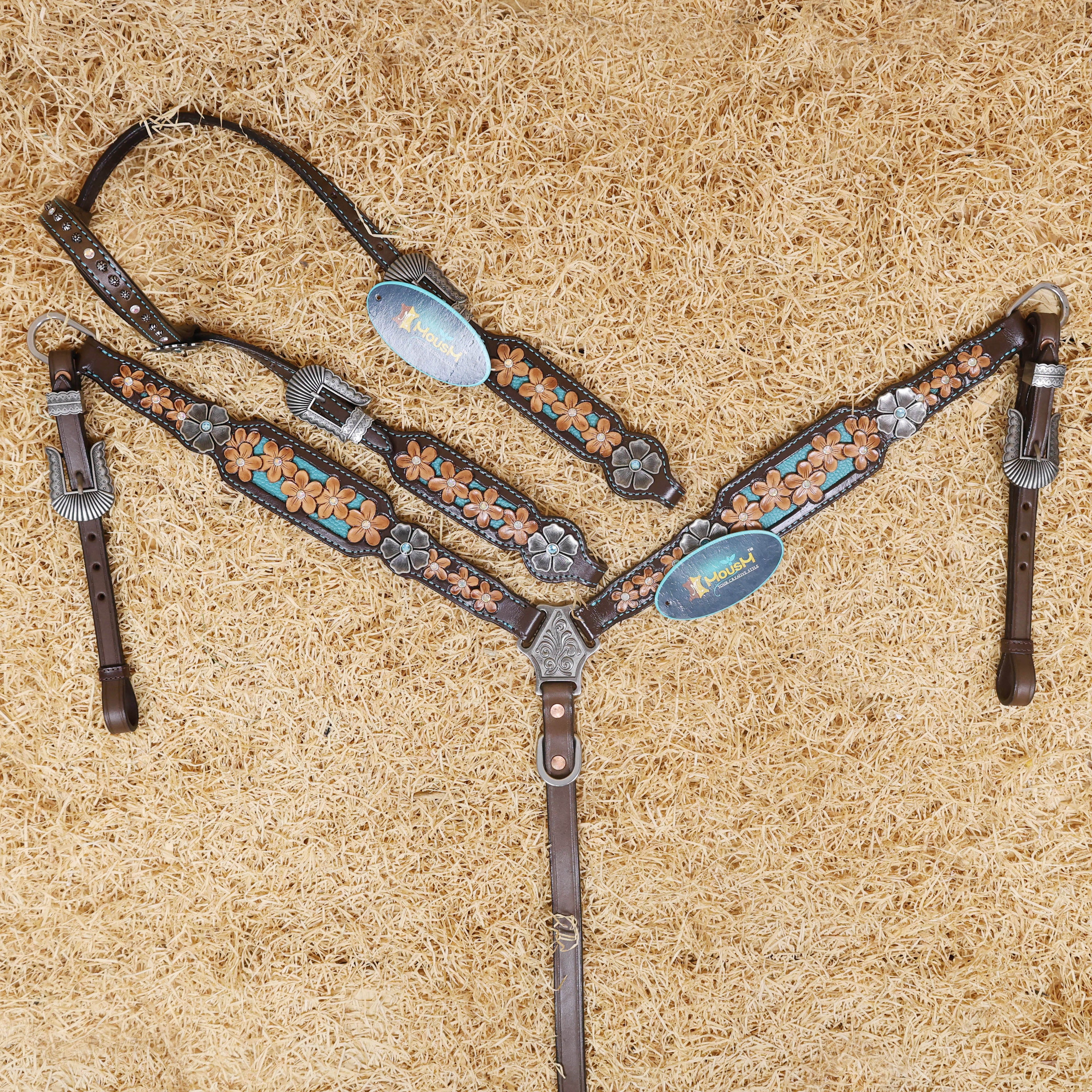 MOUSM Western Headstall and Breast Collar Set Decorated with Hand-Carved Floral Design in Teal Background, Antique Silver Flower Conchos