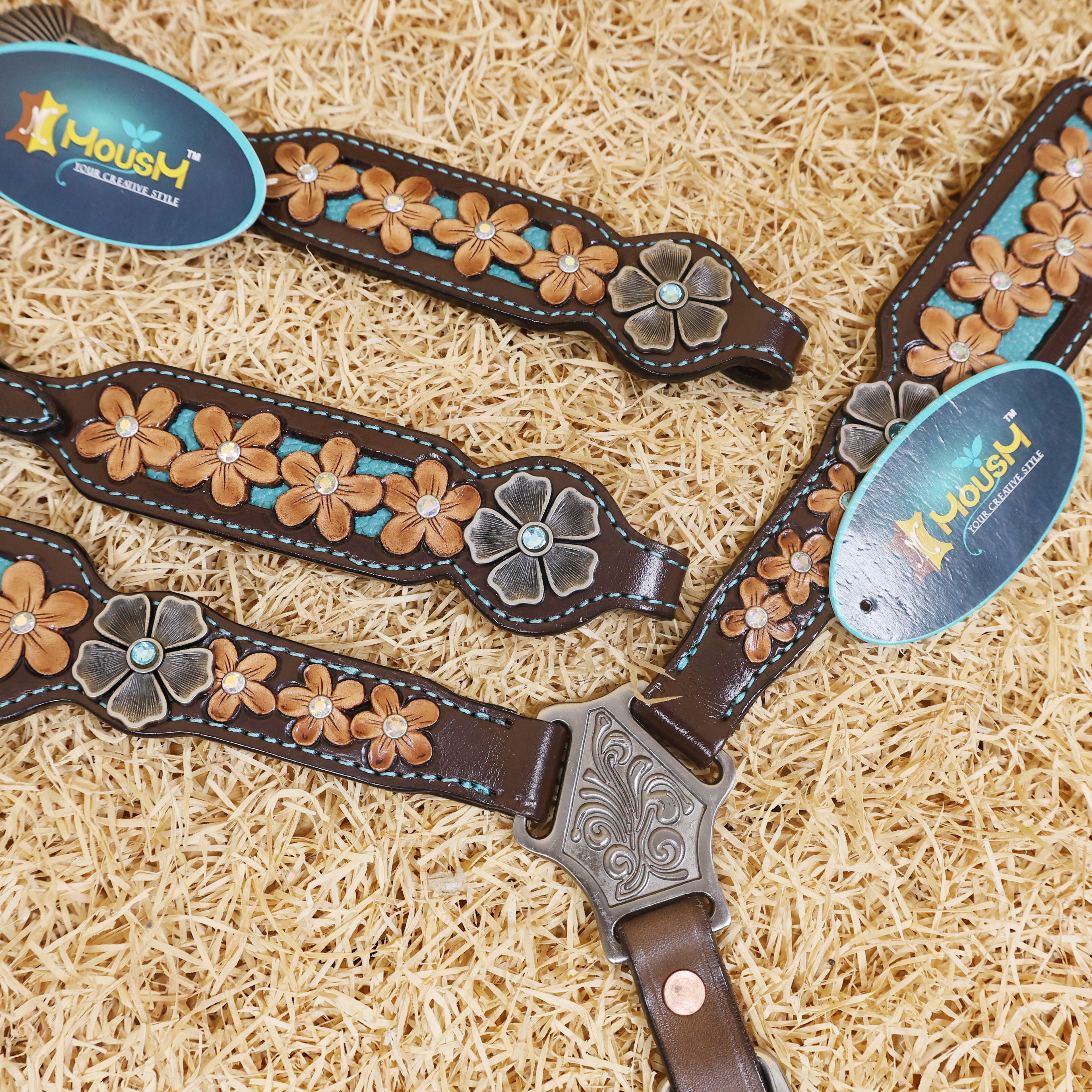 MOUSM Western Headstall and Breast Collar Set Decorated with Hand-Carved Floral Design in Teal Background, Antique Silver Flower Conchos