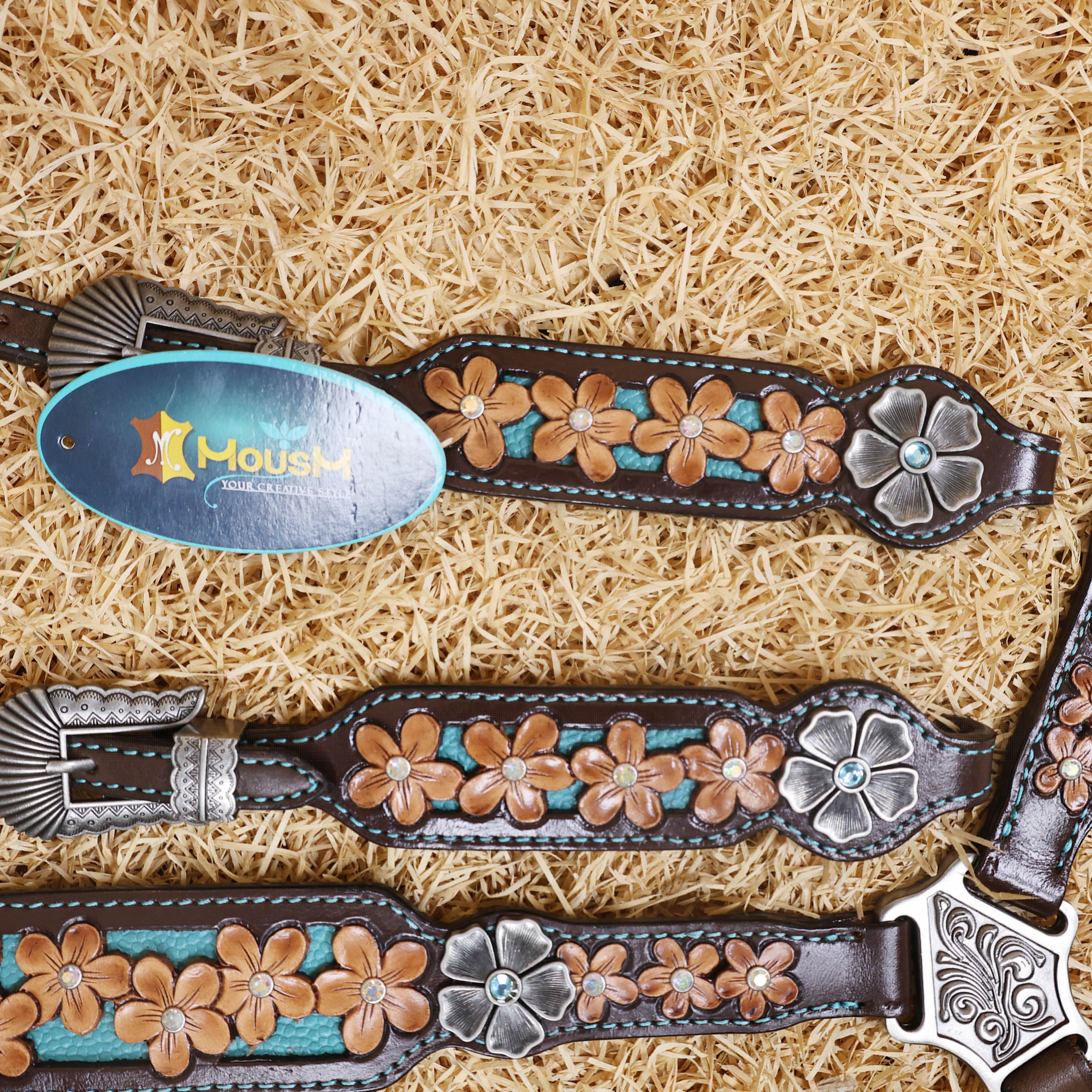 MOUSM Western Headstall and Breast Collar Set Decorated with Hand-Carved Floral Design in Teal Background, Antique Silver Flower Conchos