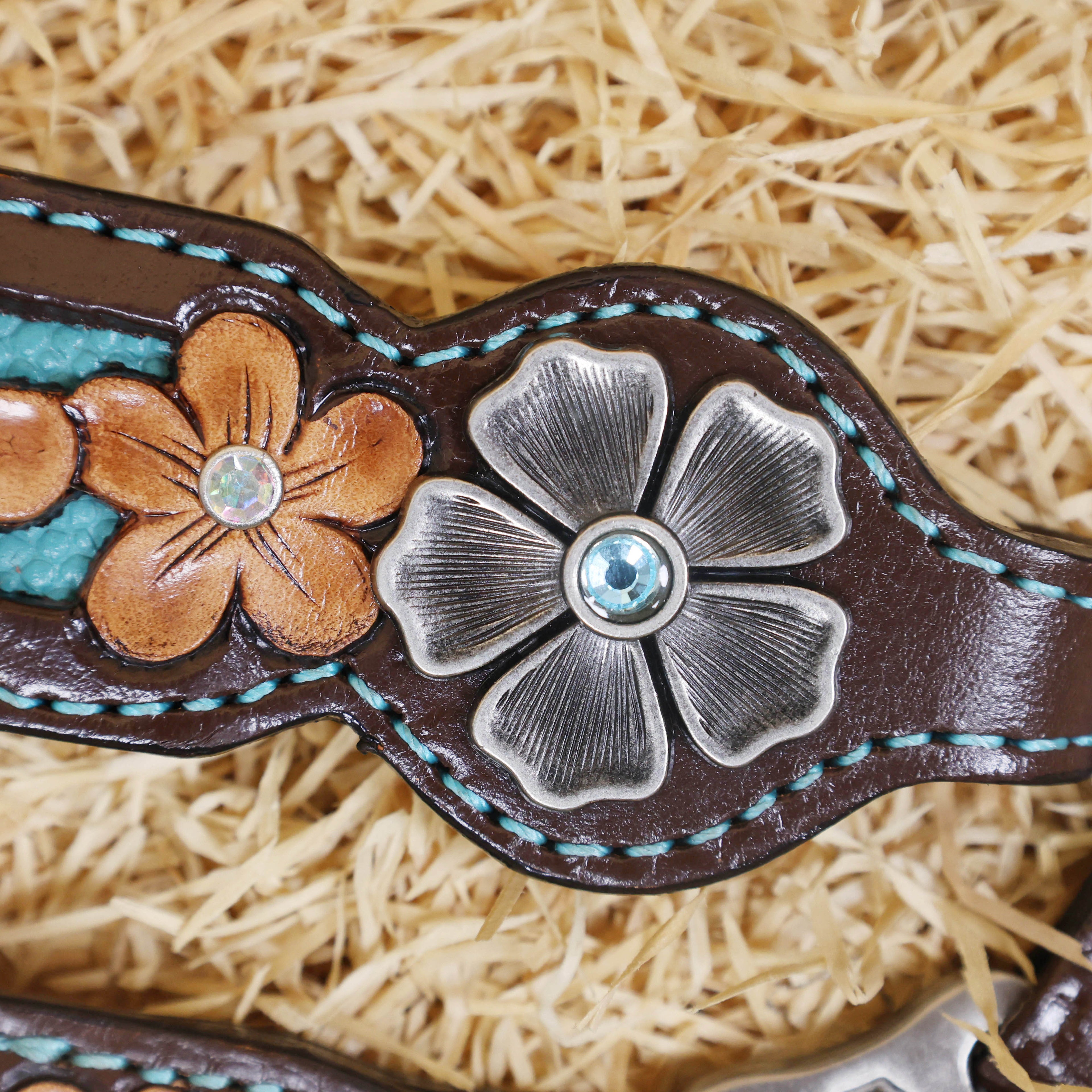 MOUSM Western Headstall and Breast Collar Set Decorated with Hand-Carved Floral Design in Teal Background, Antique Silver Flower Conchos