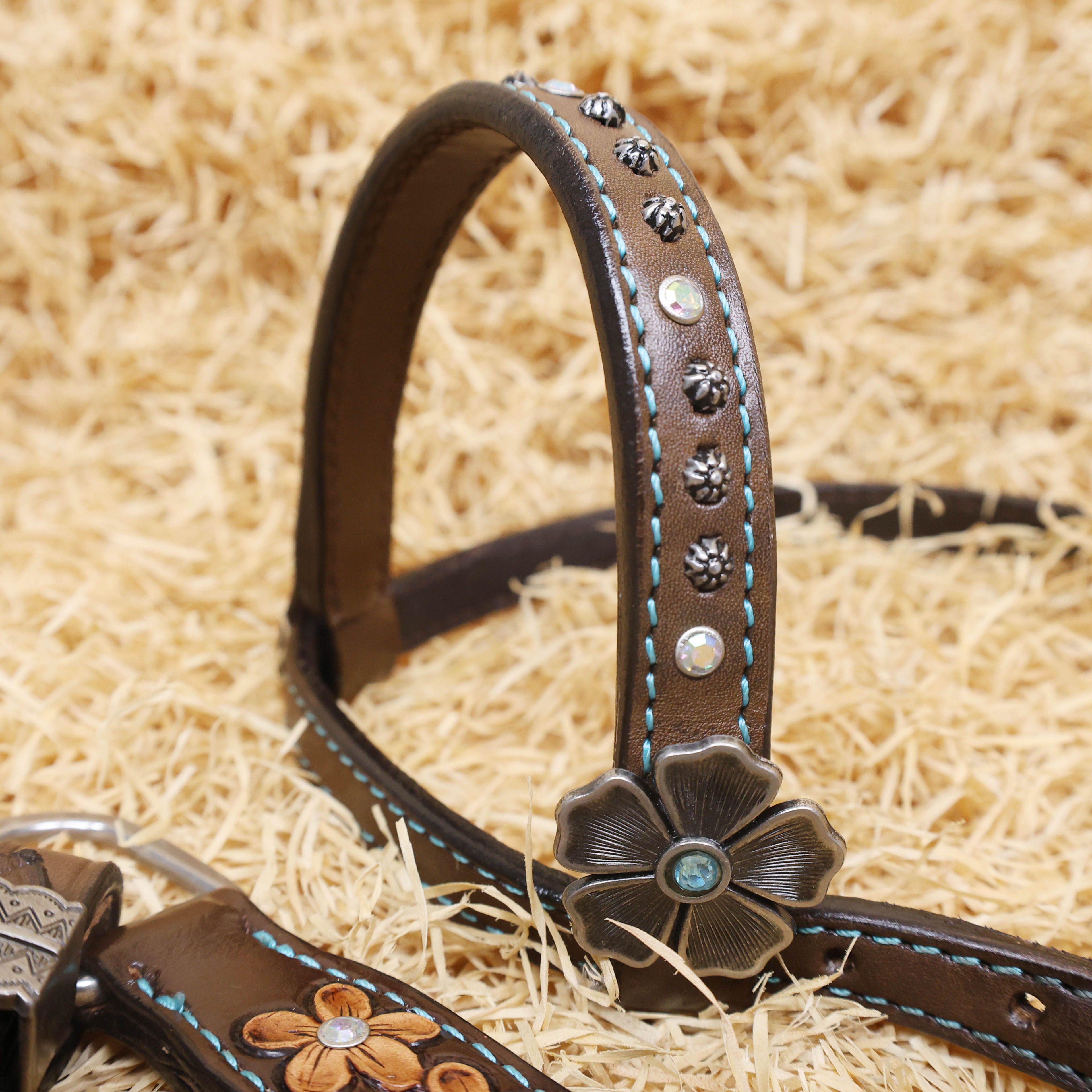 MOUSM Western Headstall and Breast Collar Set Decorated with Hand-Carved Floral Design in Teal Background, Antique Silver Flower Conchos