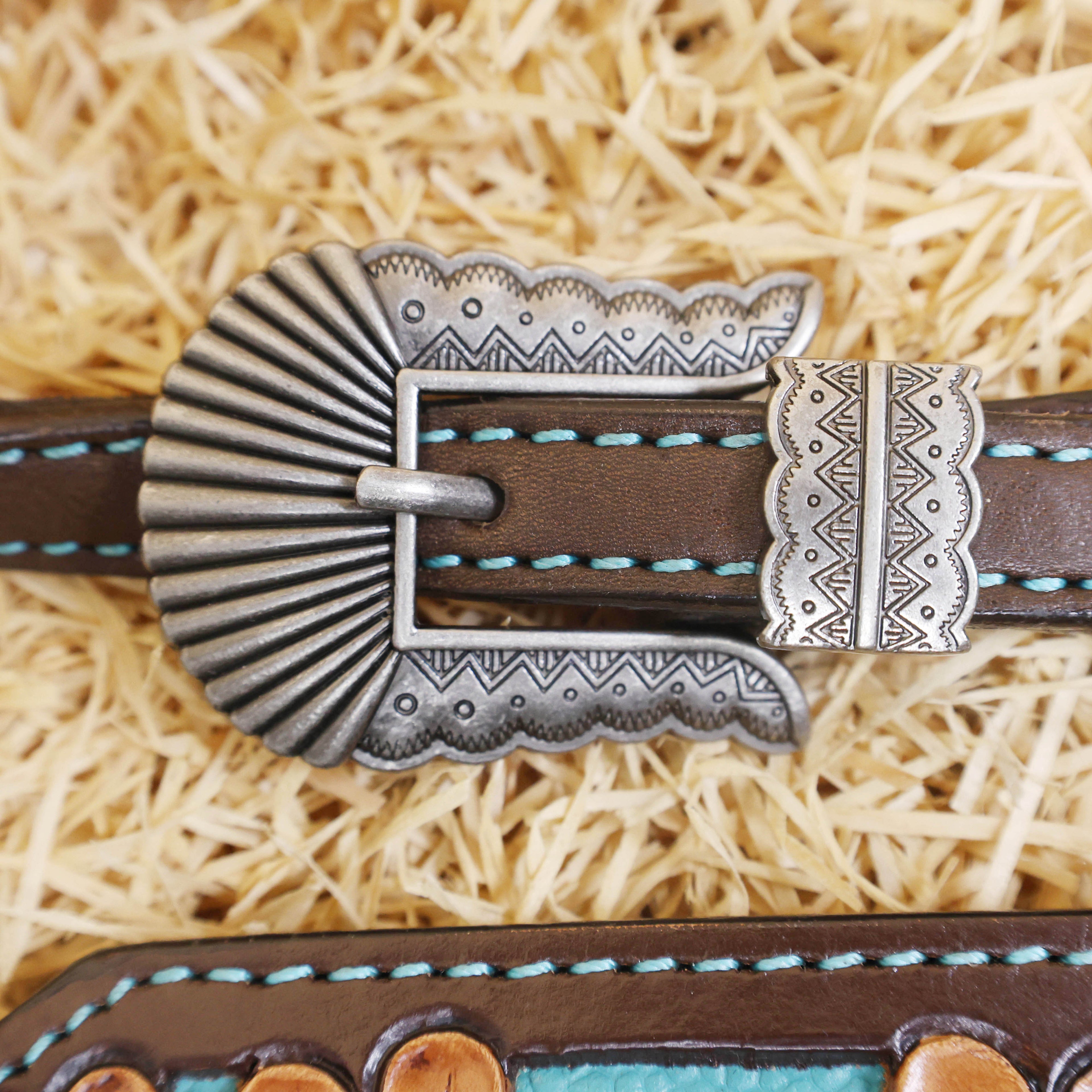 MOUSM Western Headstall and Breast Collar Set Decorated with Hand-Carved Floral Design in Teal Background, Antique Silver Flower Conchos