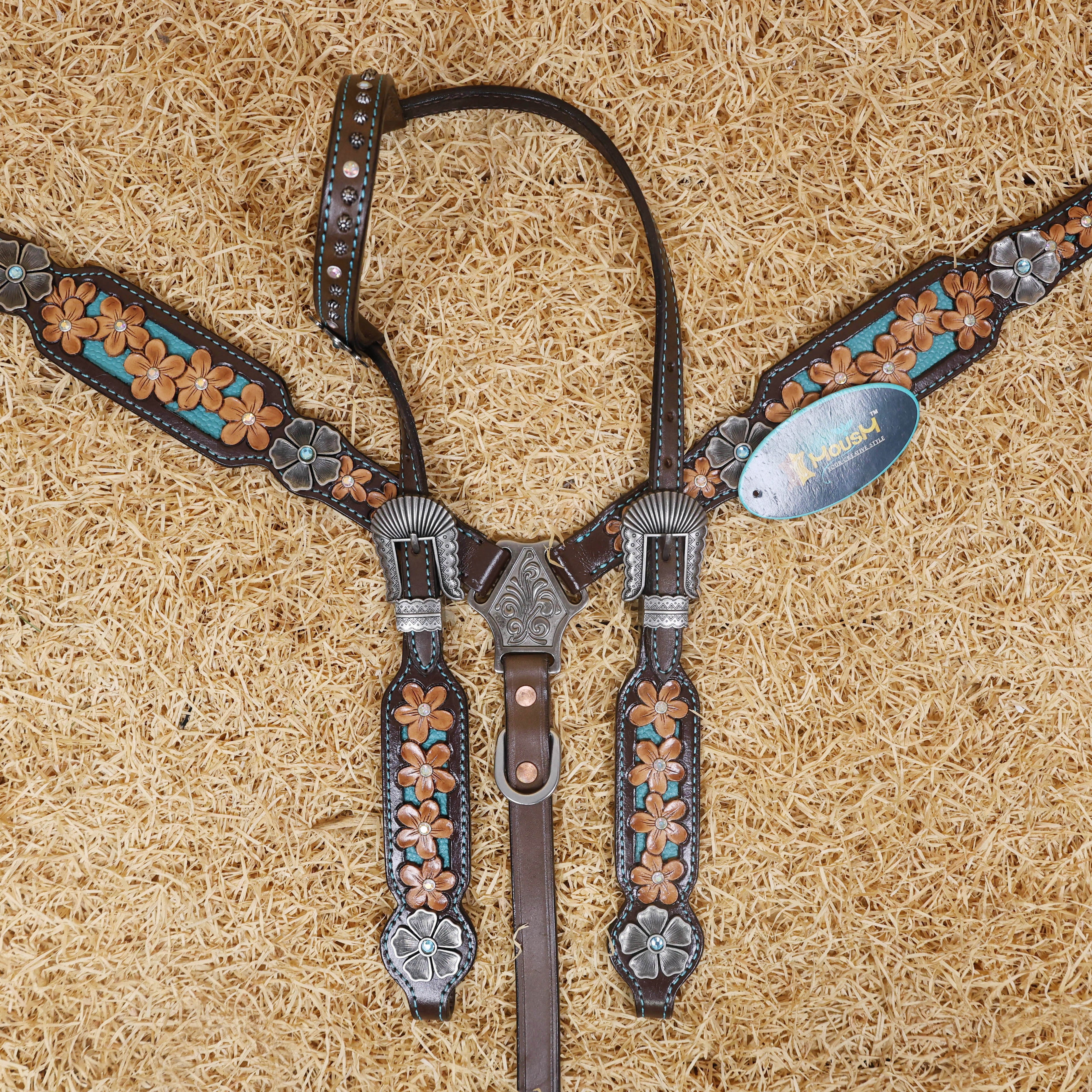 MOUSM Western Headstall and Breast Collar Set Decorated with Hand-Carved Floral Design in Teal Background, Antique Silver Flower Conchos
