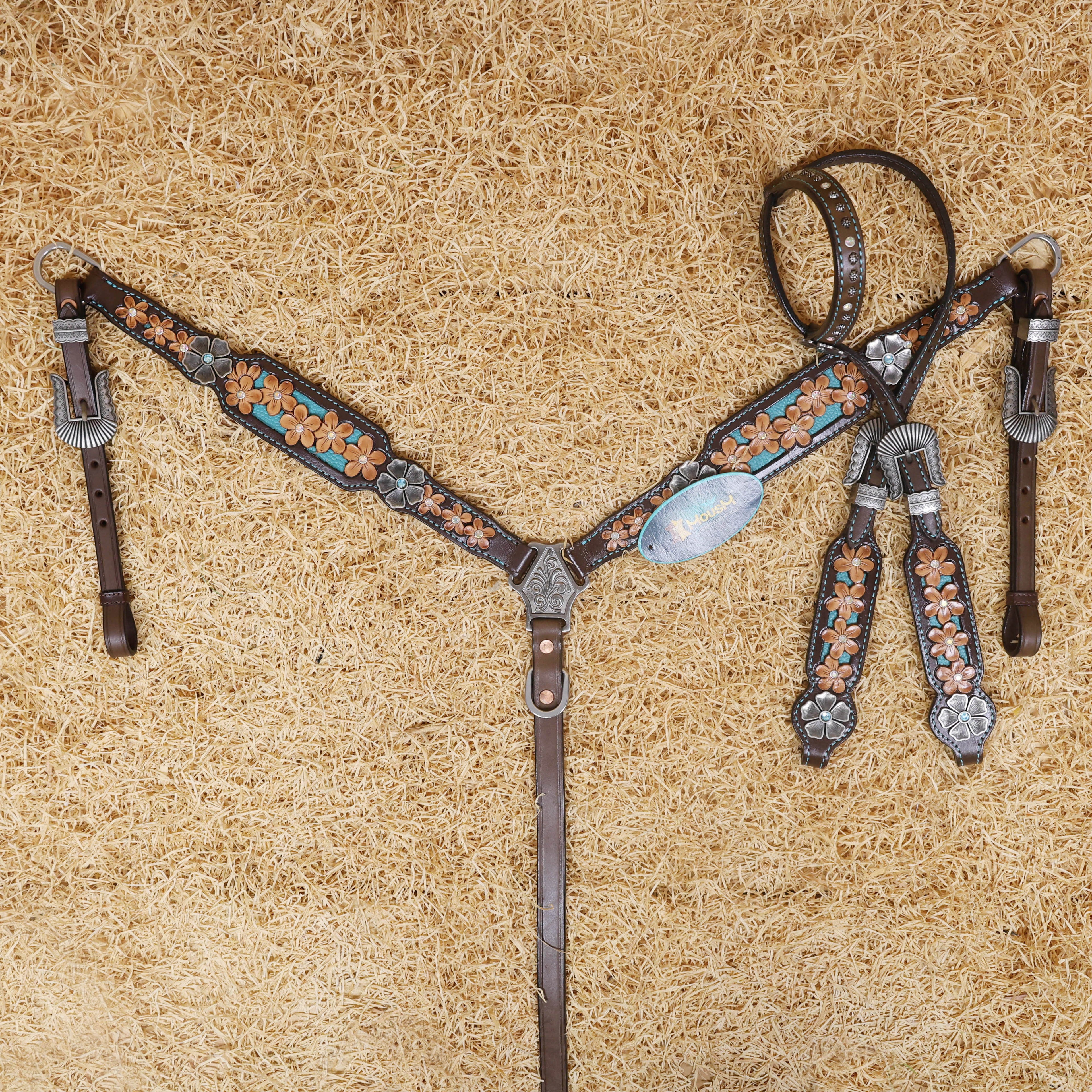 MOUSM Western Headstall and Breast Collar Set Decorated with Hand-Carved Floral Design in Teal Background, Antique Silver Flower Conchos