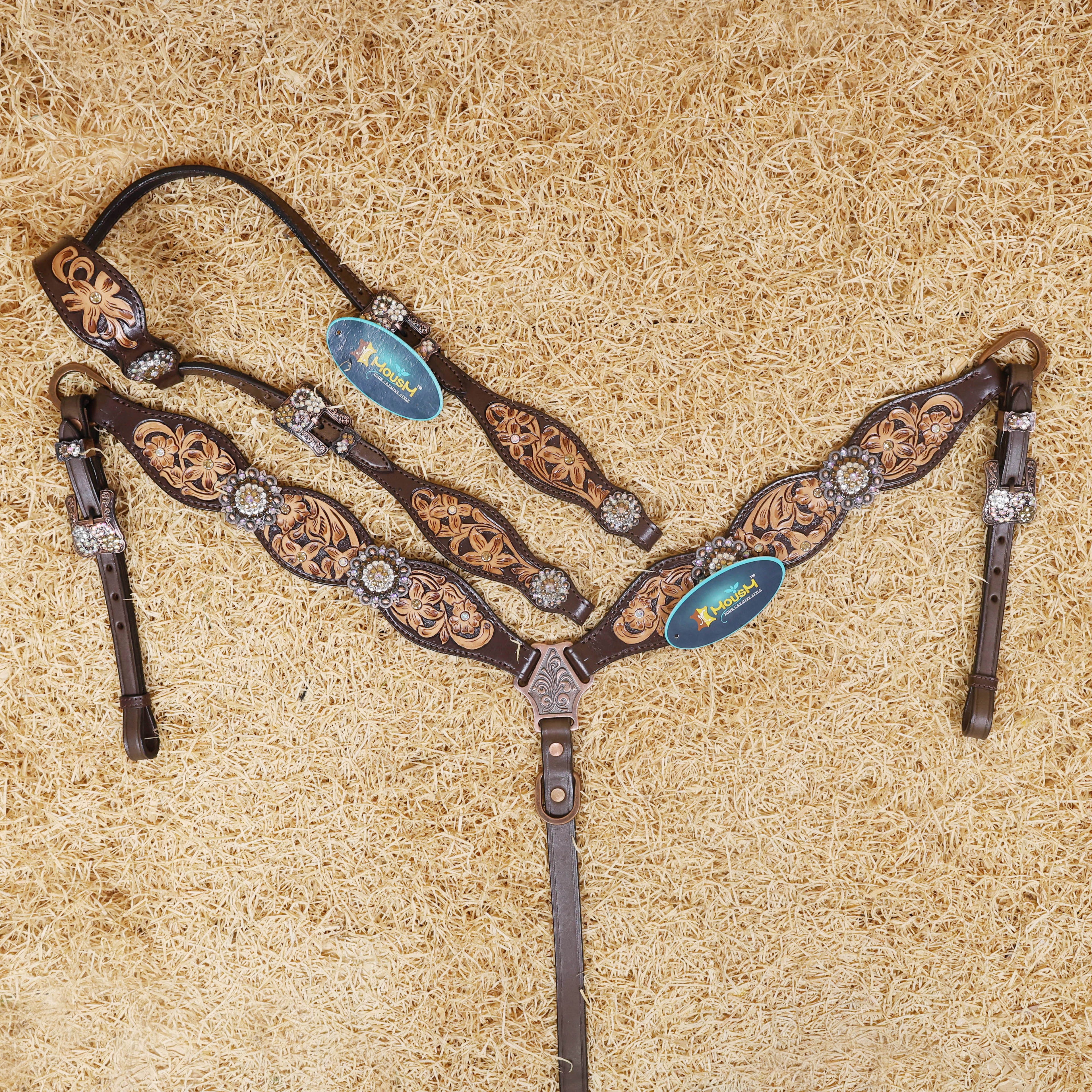 MOUSM Western Headstall and Breast Collar Set - Made with Argentina Cow Leather, Headstall Set Decorated with Hand-Carved Floral Design, Rhinestone Berry Conchos, and Antique Copper Buckles