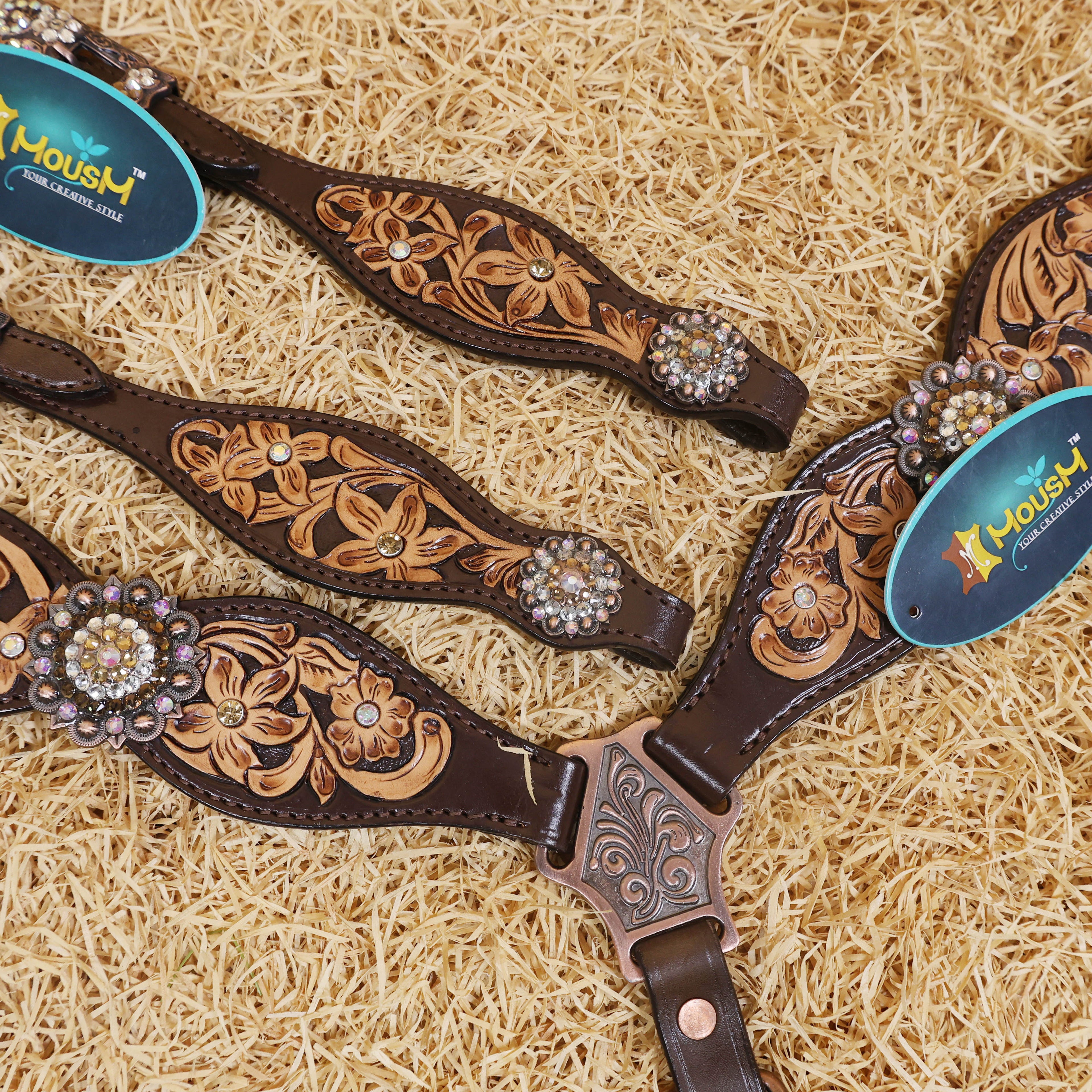 MOUSM Western Headstall and Breast Collar Set - Made with Argentina Cow Leather, Headstall Set Decorated with Hand-Carved Floral Design, Rhinestone Berry Conchos, and Antique Copper Buckles