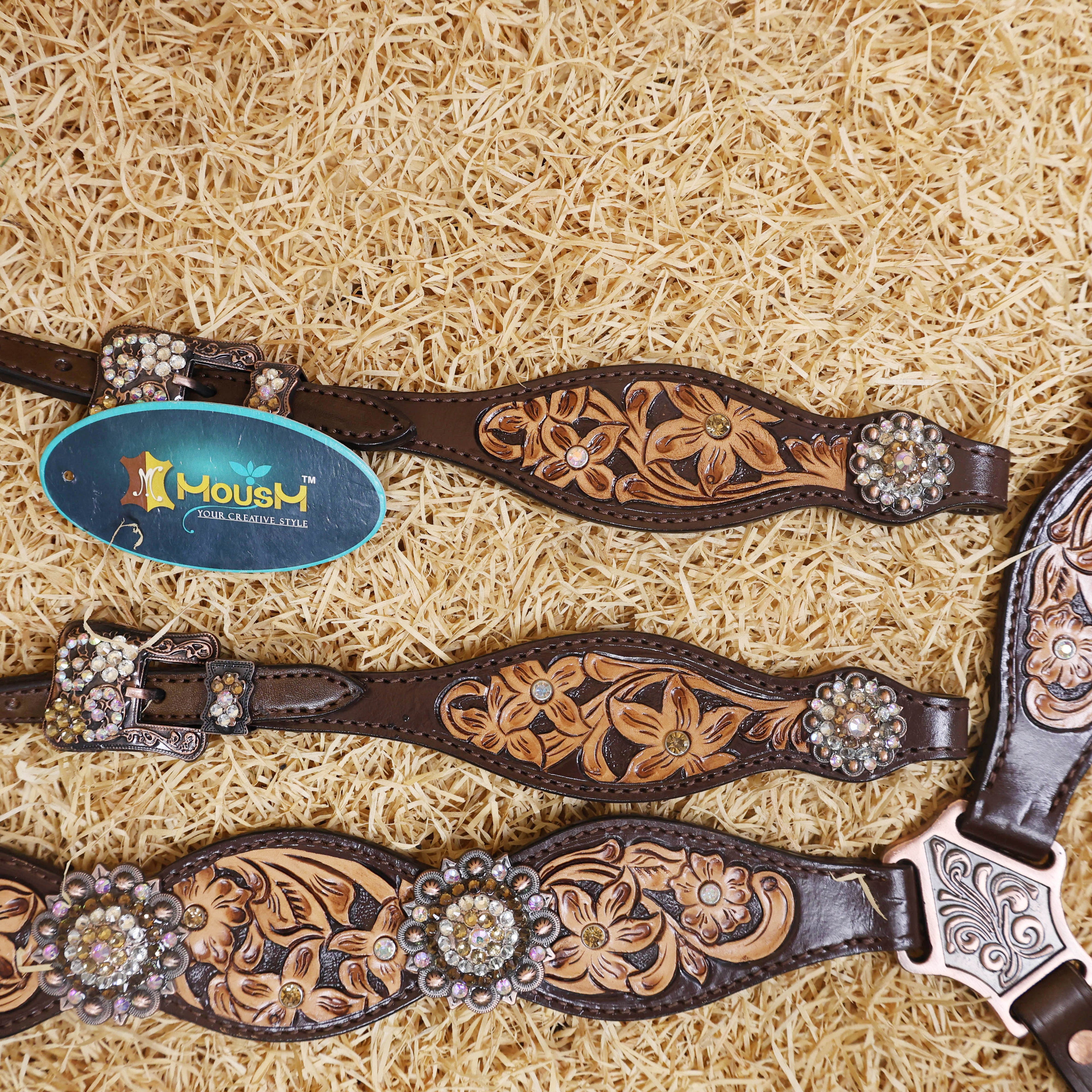MOUSM Western Headstall and Breast Collar Set - Made with Argentina Cow Leather, Headstall Set Decorated with Hand-Carved Floral Design, Rhinestone Berry Conchos, and Antique Copper Buckles