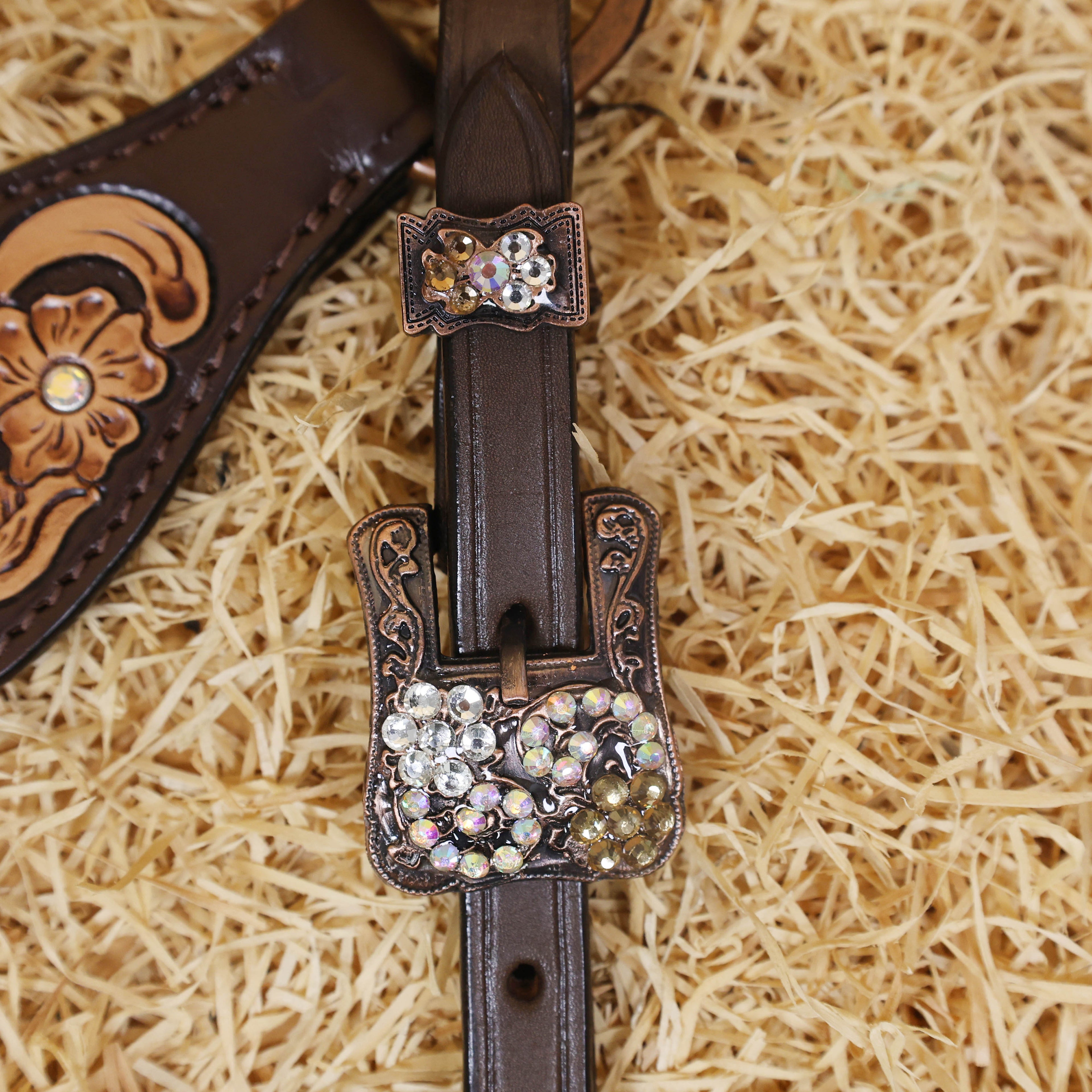 MOUSM Western Headstall and Breast Collar Set - Made with Argentina Cow Leather, Headstall Set Decorated with Hand-Carved Floral Design, Rhinestone Berry Conchos, and Antique Copper Buckles