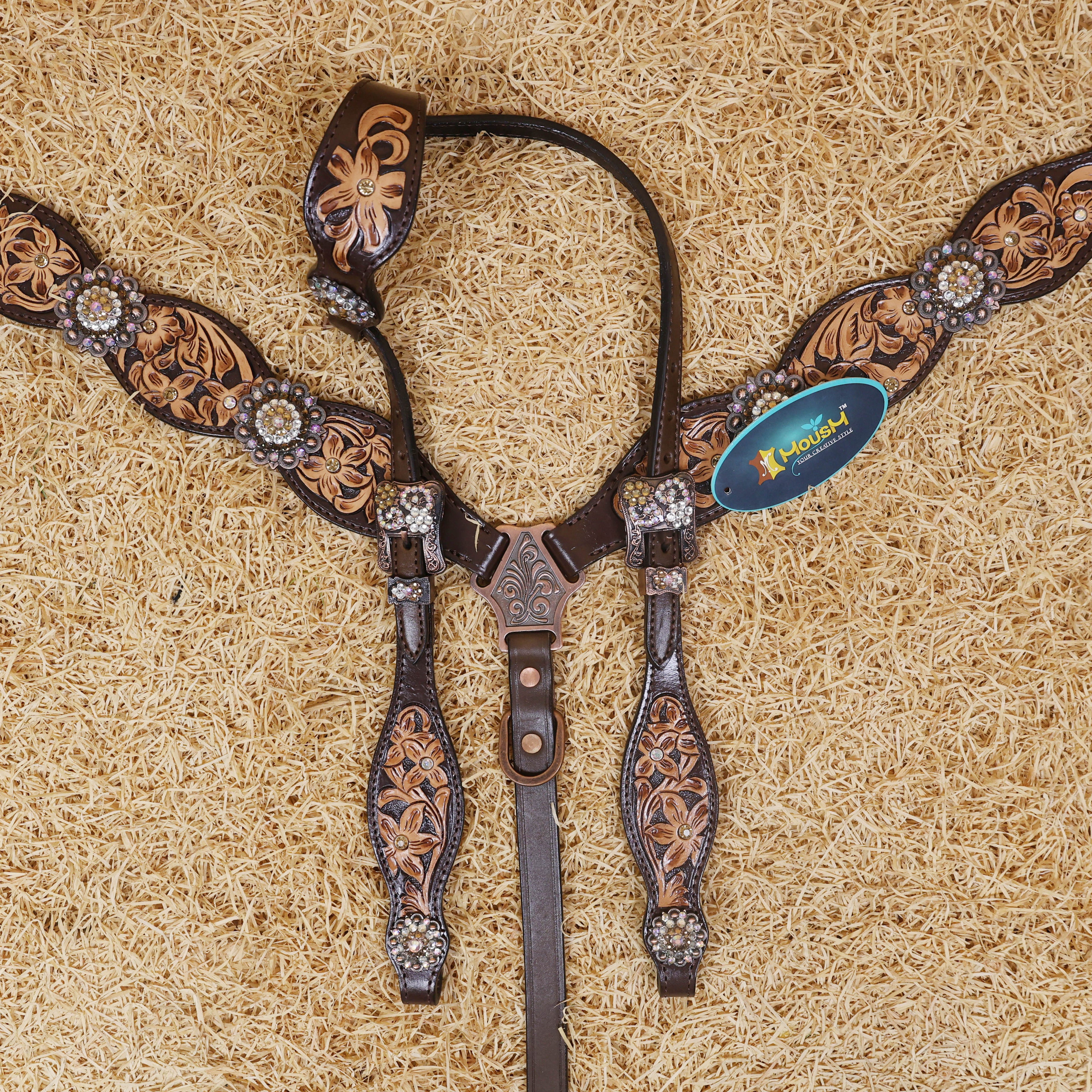 MOUSM Western Headstall and Breast Collar Set - Made with Argentina Cow Leather, Headstall Set Decorated with Hand-Carved Floral Design, Rhinestone Berry Conchos, and Antique Copper Buckles