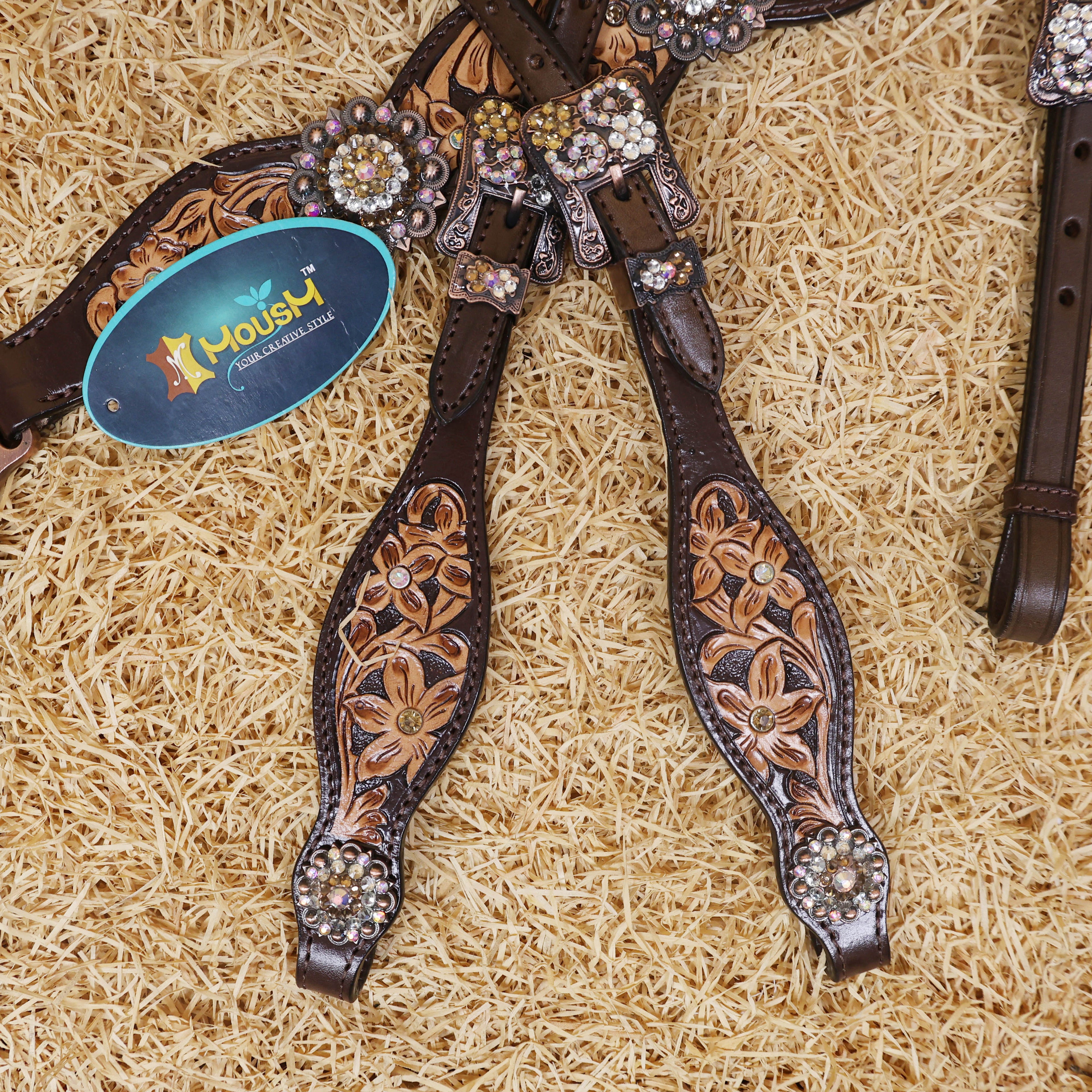 MOUSM Western Headstall and Breast Collar Set - Made with Argentina Cow Leather, Headstall Set Decorated with Hand-Carved Floral Design, Rhinestone Berry Conchos, and Antique Copper Buckles