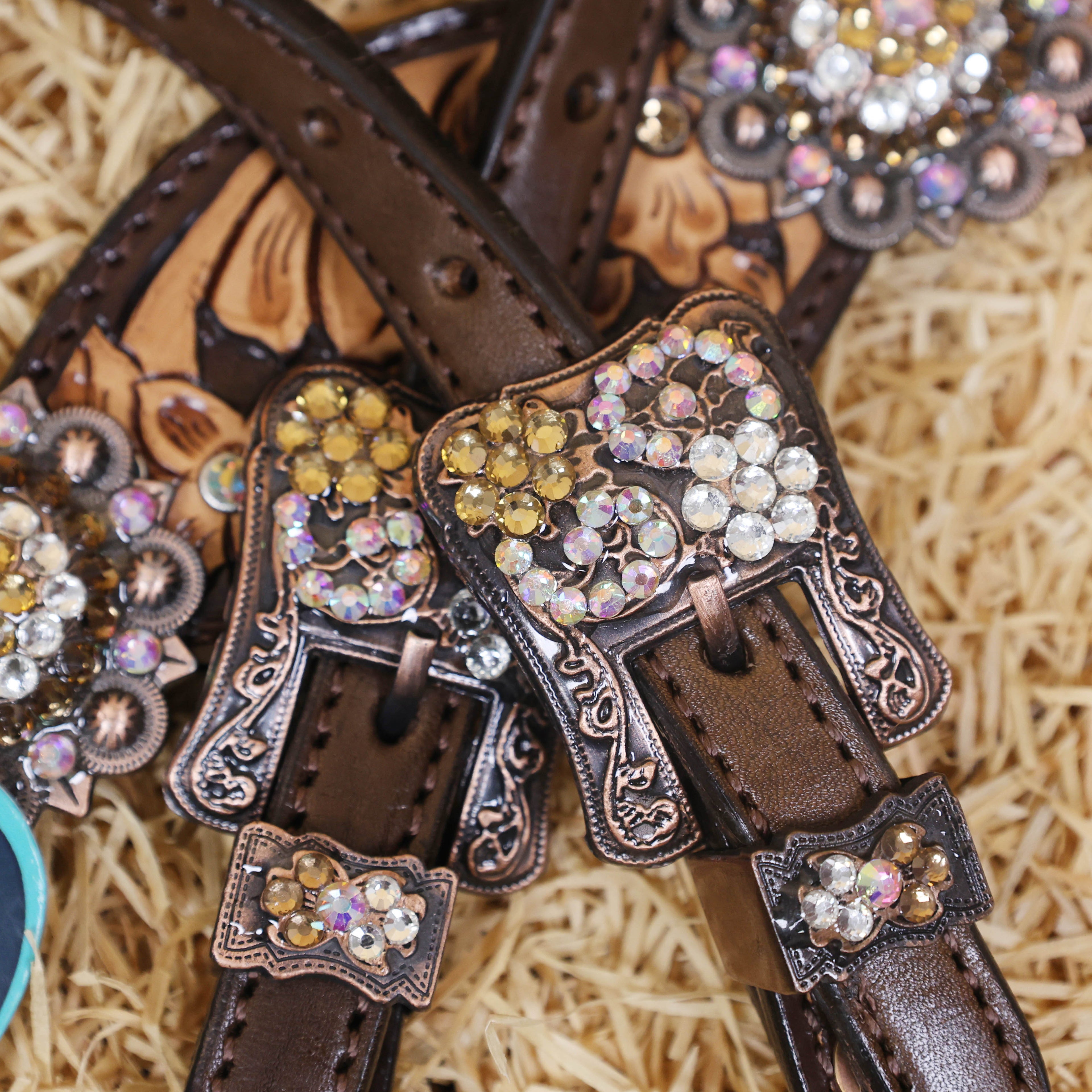 MOUSM Western Headstall and Breast Collar Set - Made with Argentina Cow Leather, Headstall Set Decorated with Hand-Carved Floral Design, Rhinestone Berry Conchos, and Antique Copper Buckles