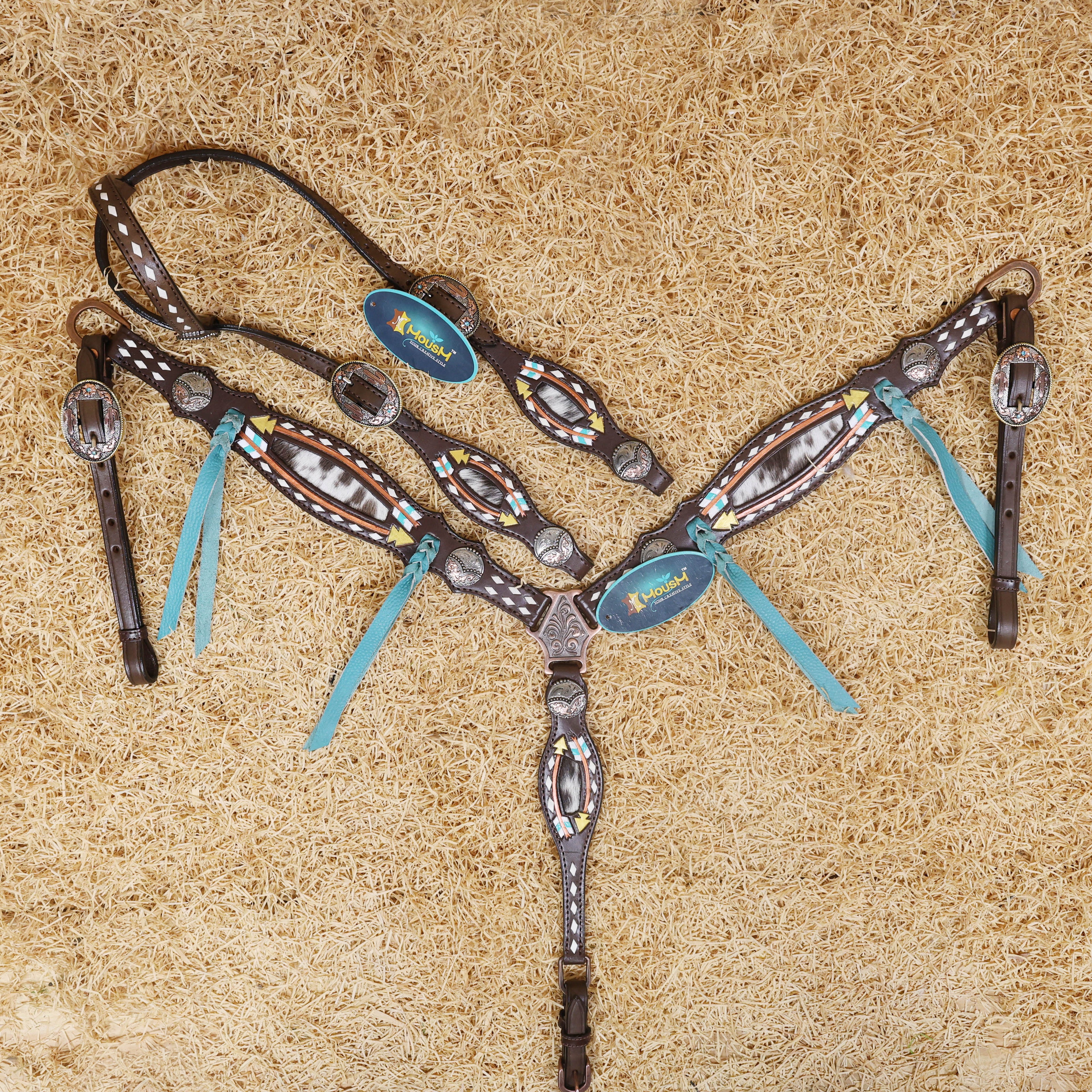 MOUSM Western Headstall and Breast Collar Set - Made with Argentina Cow Leather, Headstall Set Decorated with Arrow Tooling, Cowhide Inlay, and Rawhide Buck Stitching with Teal Laces