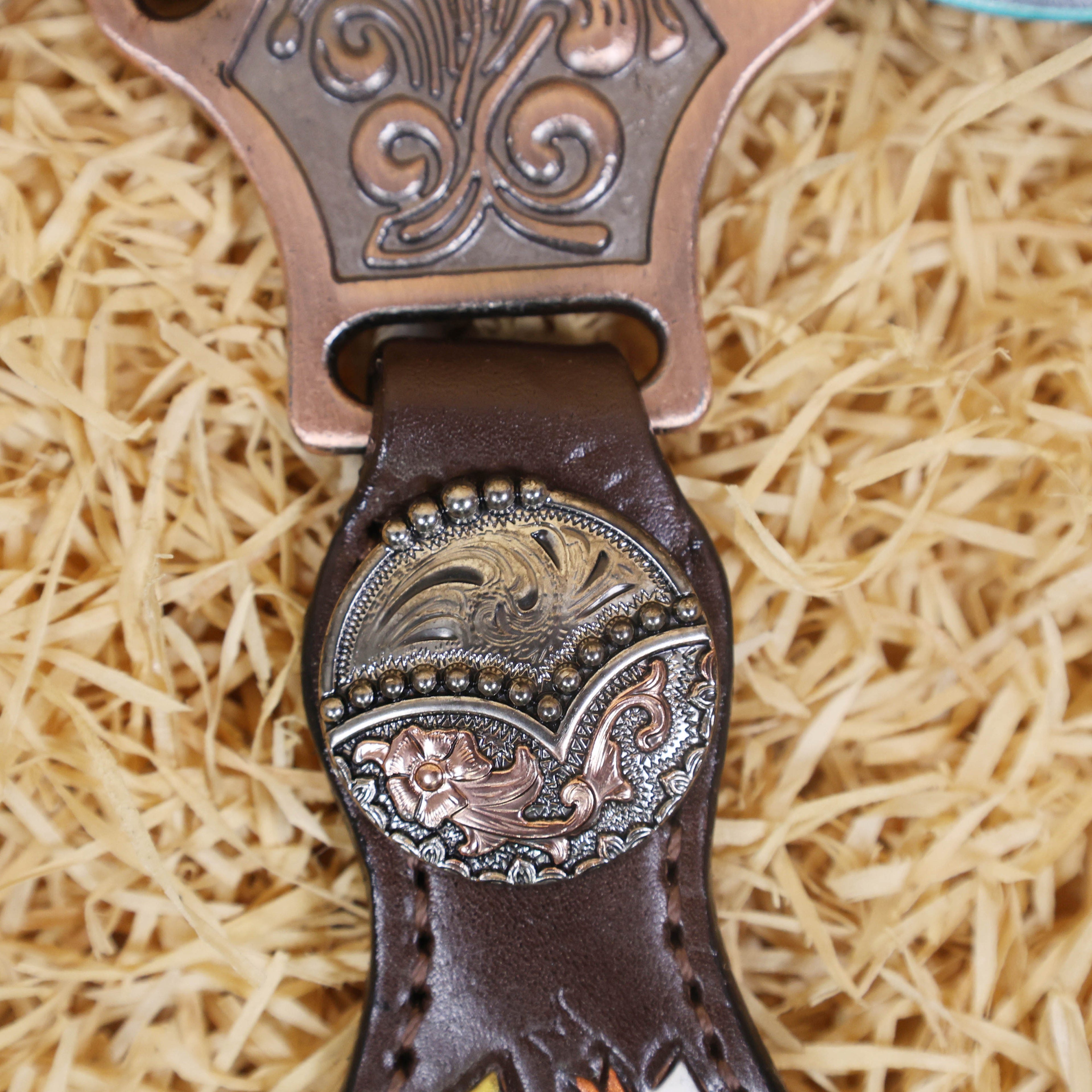 MOUSM Western Headstall and Breast Collar Set - Made with Argentina Cow Leather, Headstall Set Decorated with Arrow Tooling, Cowhide Inlay, and Rawhide Buck Stitching with Teal Laces