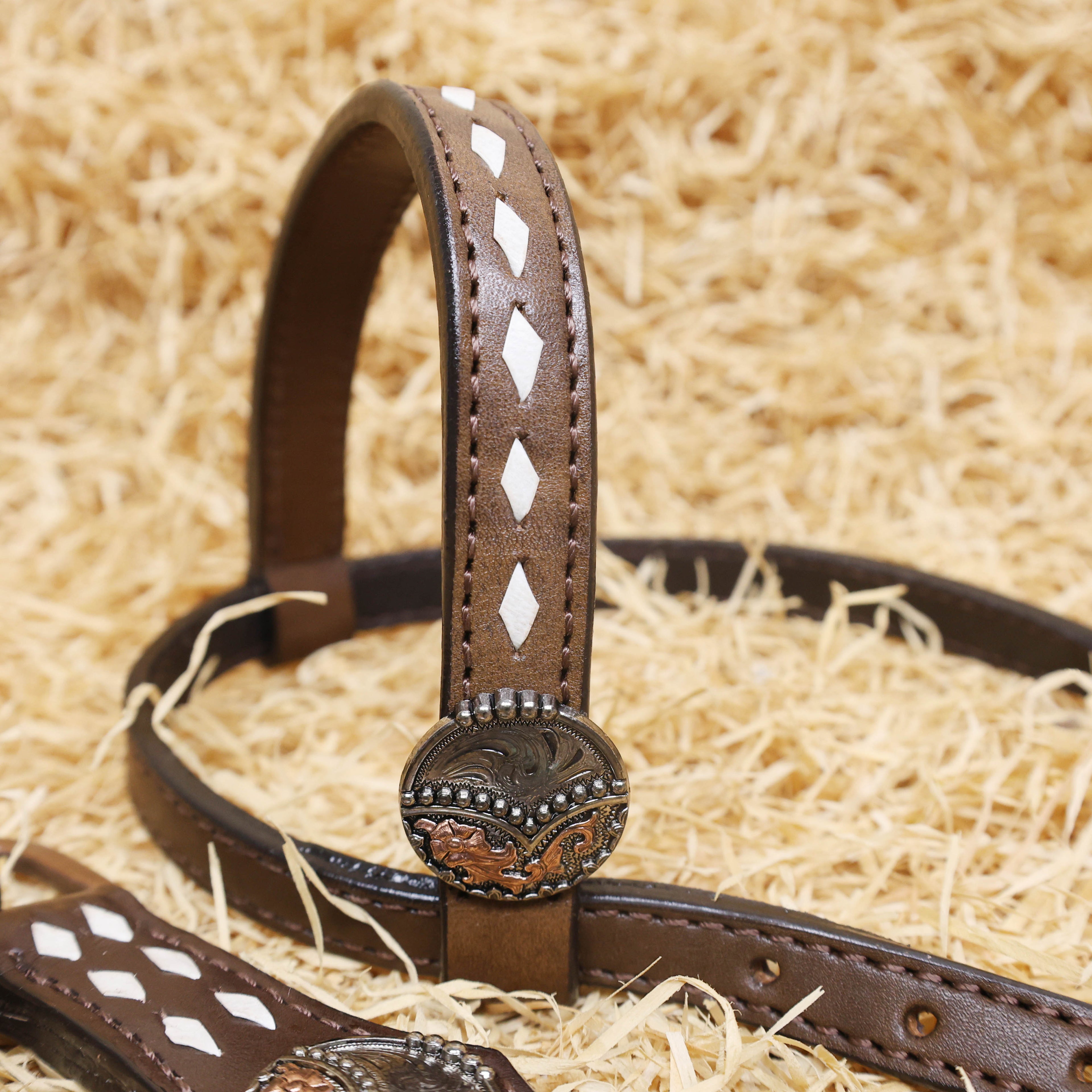 MOUSM Western Headstall and Breast Collar Set - Made with Argentina Cow Leather, Headstall Set Decorated with Arrow Tooling, Cowhide Inlay, and Rawhide Buck Stitching with Teal Laces