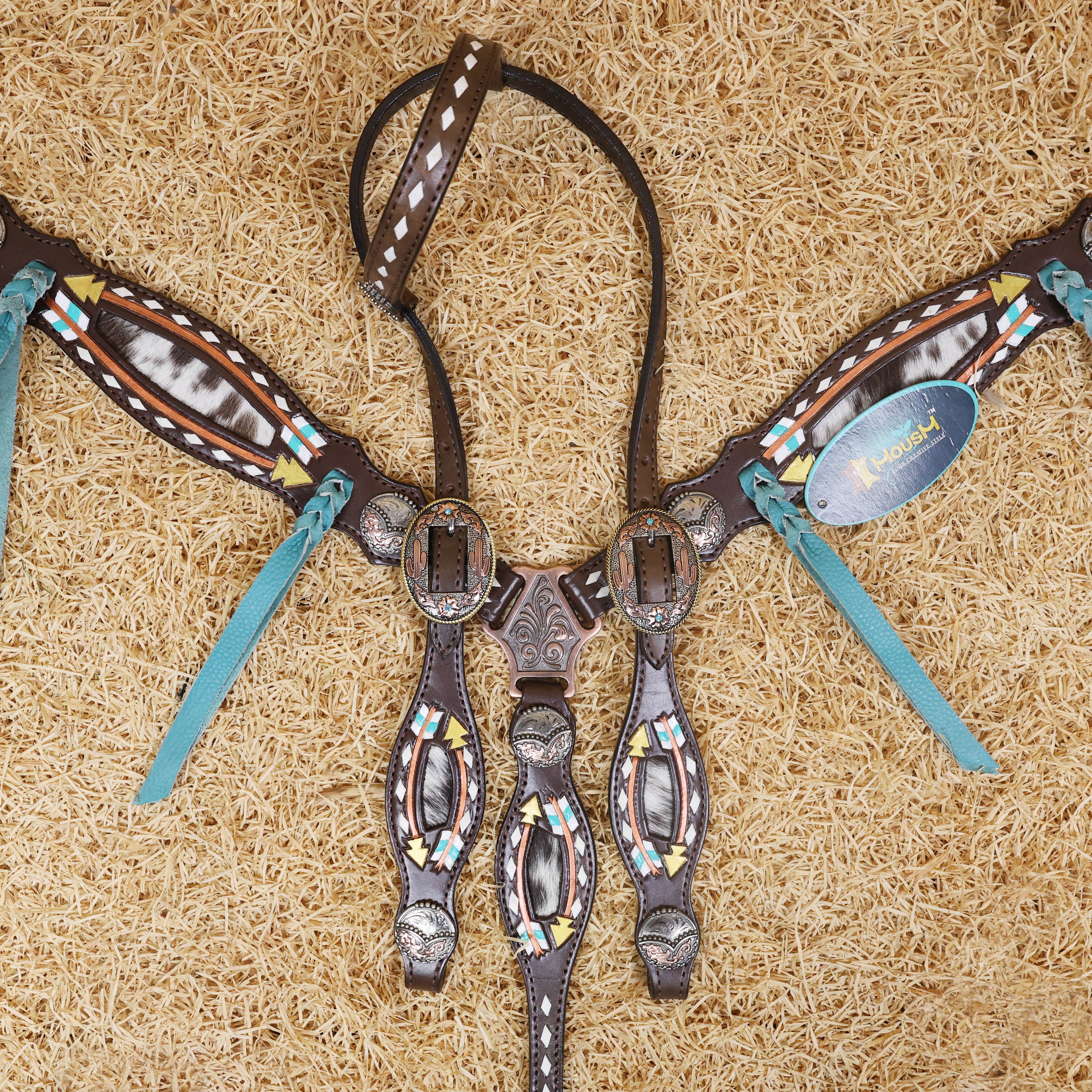 MOUSM Western Headstall and Breast Collar Set - Made with Argentina Cow Leather, Headstall Set Decorated with Arrow Tooling, Cowhide Inlay, and Rawhide Buck Stitching with Teal Laces