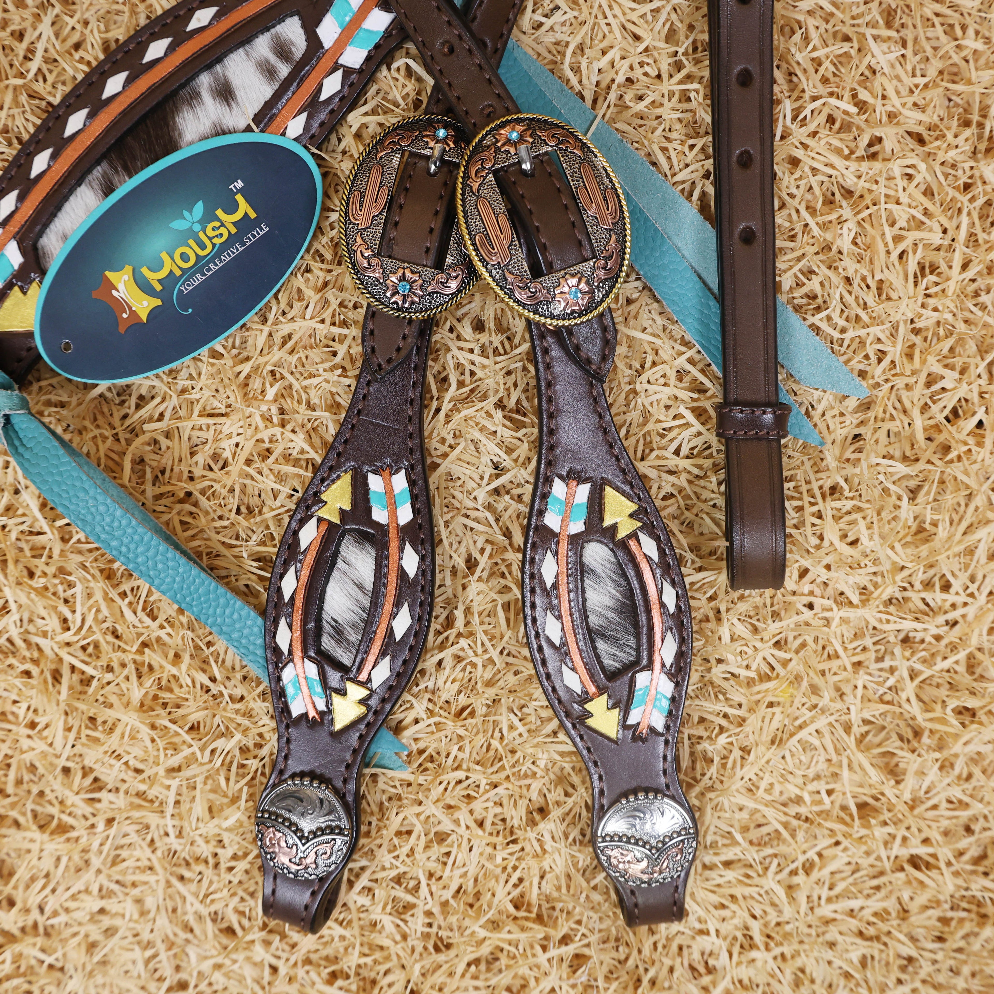 MOUSM Western Headstall and Breast Collar Set - Made with Argentina Cow Leather, Headstall Set Decorated with Arrow Tooling, Cowhide Inlay, and Rawhide Buck Stitching with Teal Laces
