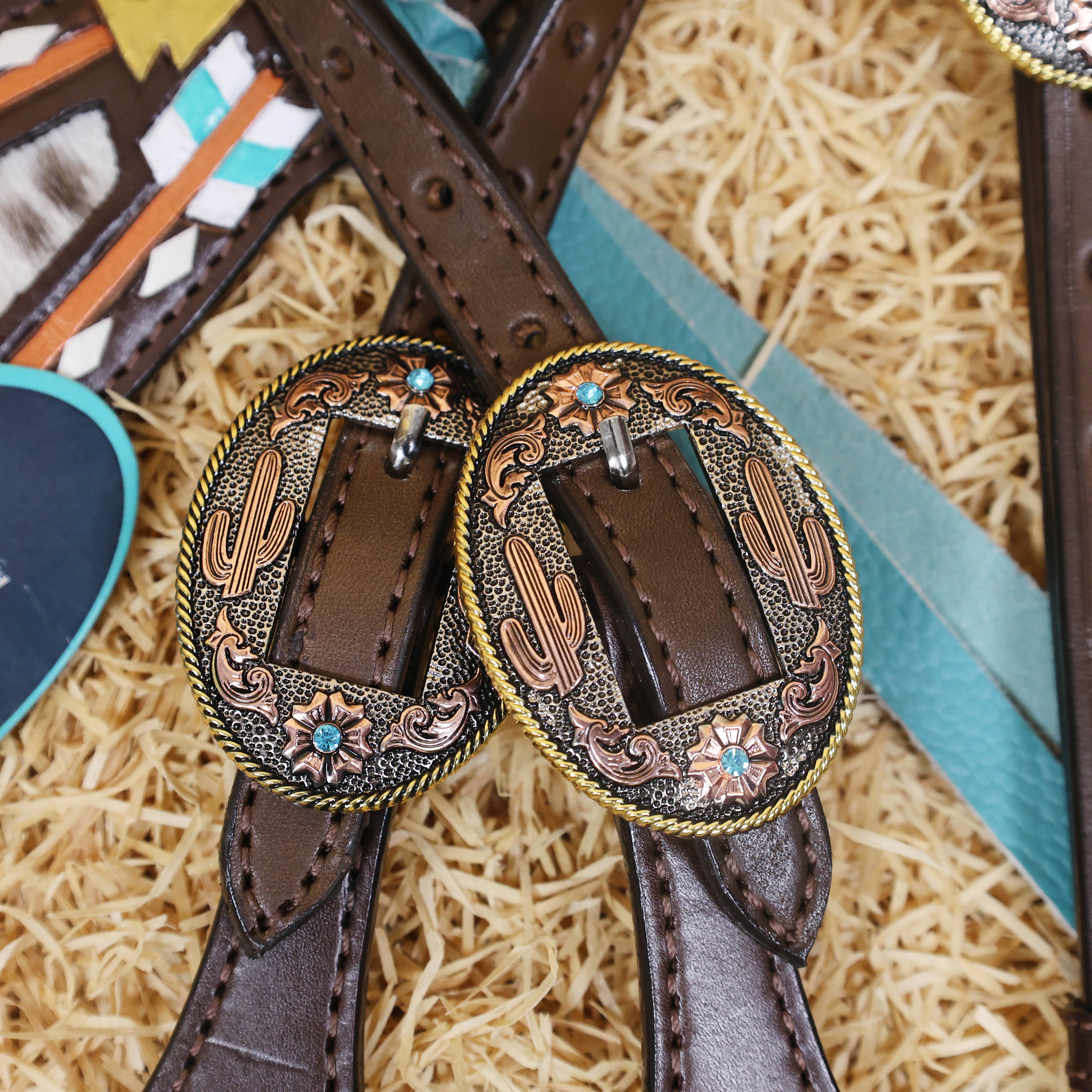 MOUSM Western Headstall and Breast Collar Set - Made with Argentina Cow Leather, Headstall Set Decorated with Arrow Tooling, Cowhide Inlay, and Rawhide Buck Stitching with Teal Laces