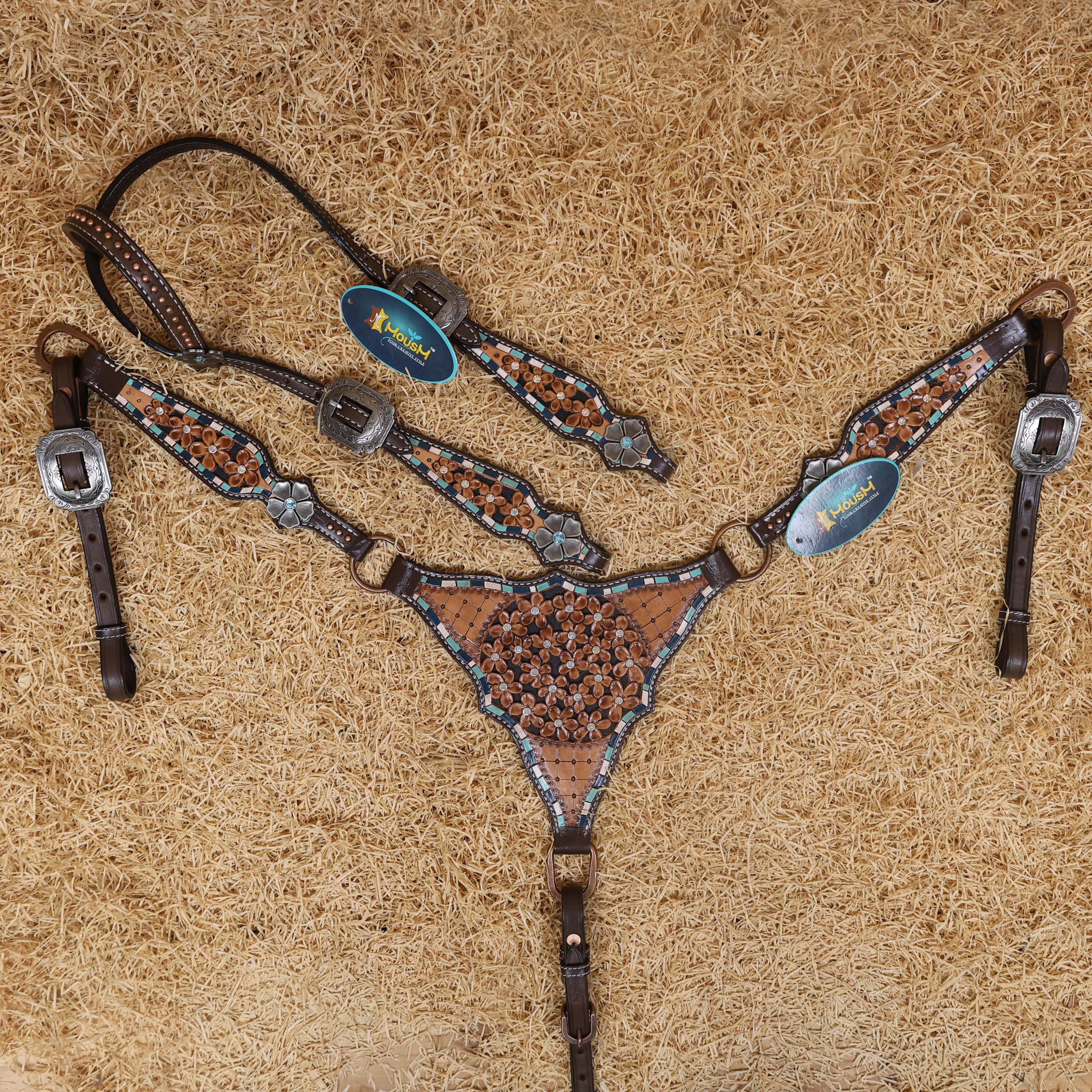 MOUSM Western Headstall and Breast Collar Set - Made with Argentina Cow Leather, Headstall Set Decorated with Filigree Flower Tooling Inlay and Antique Finish Flower Conchos