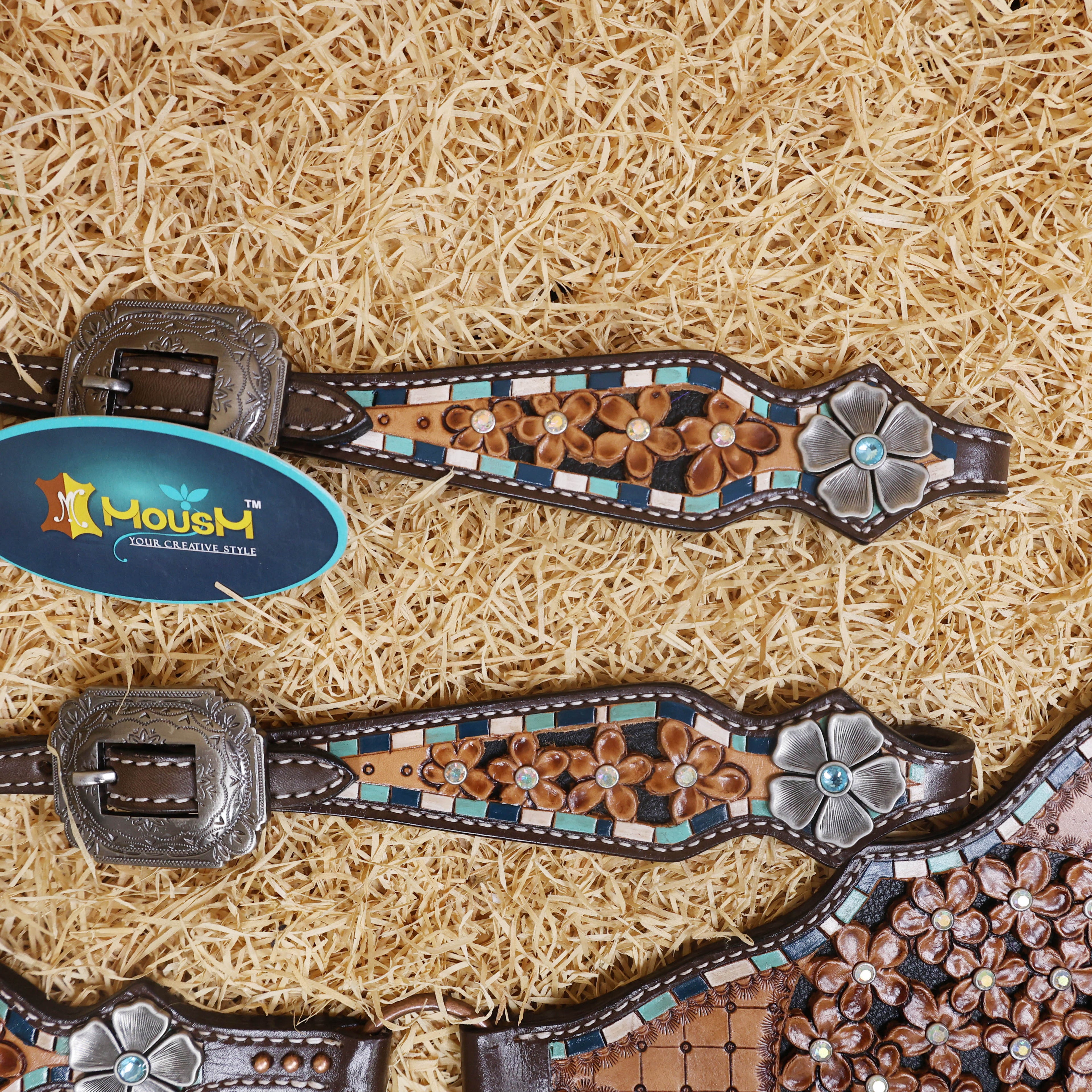 MOUSM Western Headstall and Breast Collar Set - Made with Argentina Cow Leather, Headstall Set Decorated with Filigree Flower Tooling Inlay and Antique Finish Flower Conchos